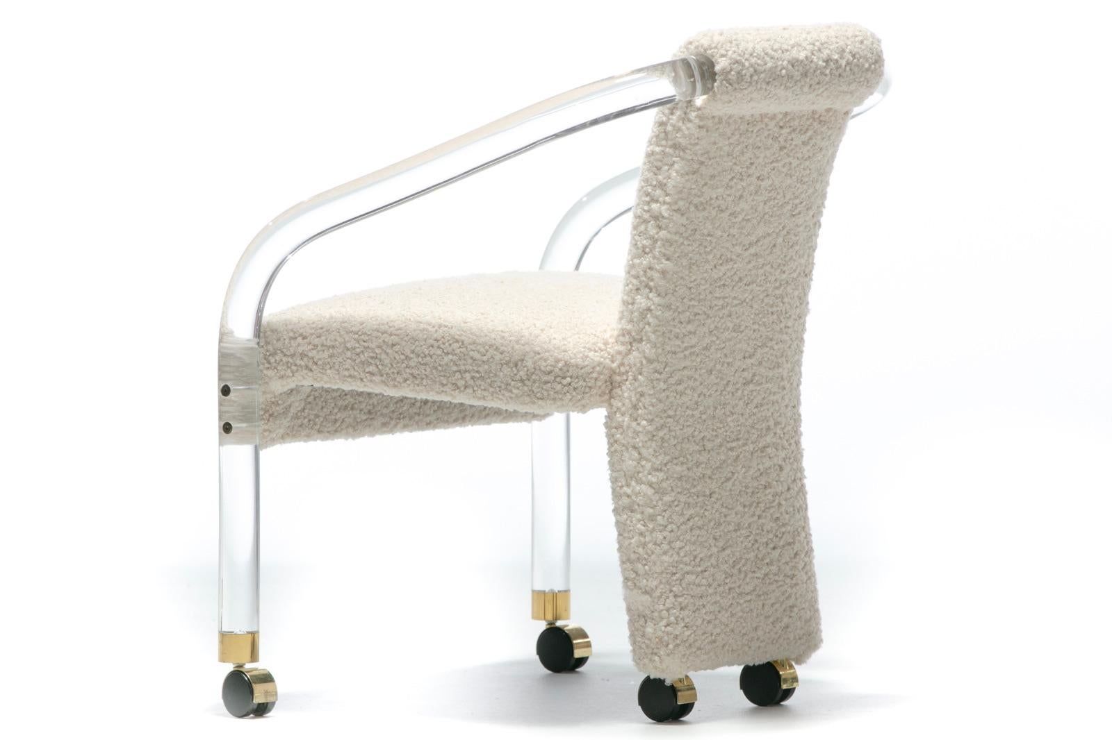 Sexy 1970s Lucite & Brass Set of Chairs in Ivory White Bouclé on Casters c. 1970 5