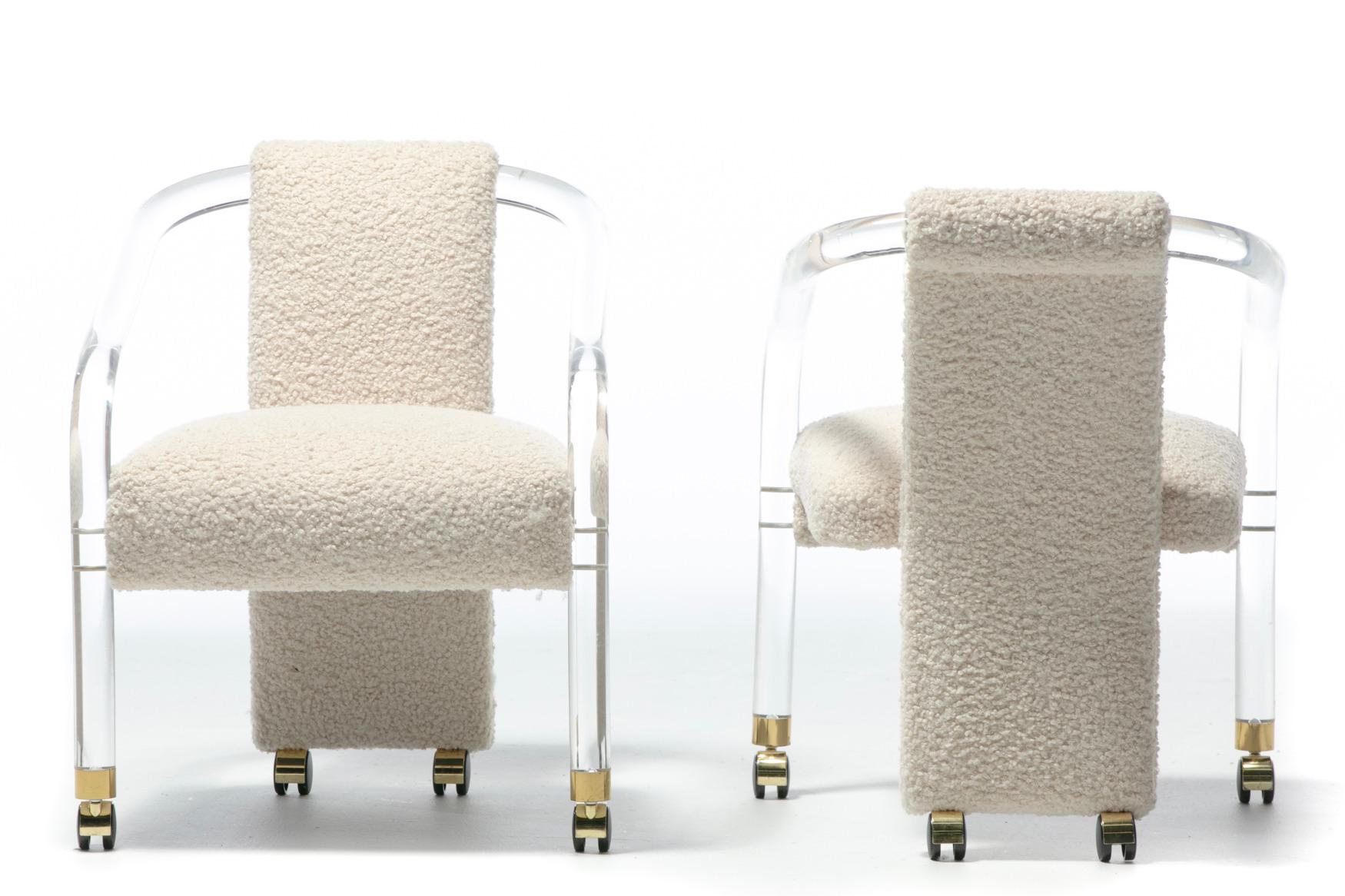 American Sexy 1970s Lucite & Brass Set of Chairs in Ivory White Bouclé on Casters c. 1970