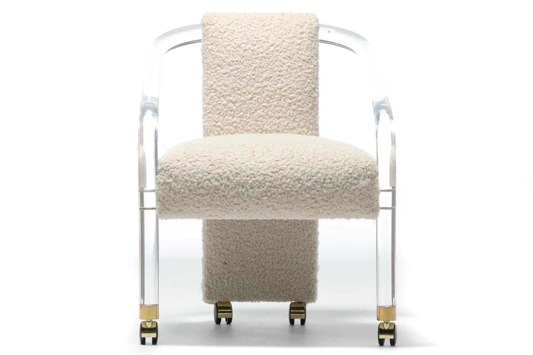 Late 20th Century Sexy 1970s Lucite & Brass Set of Chairs in Ivory White Bouclé on Casters c. 1970