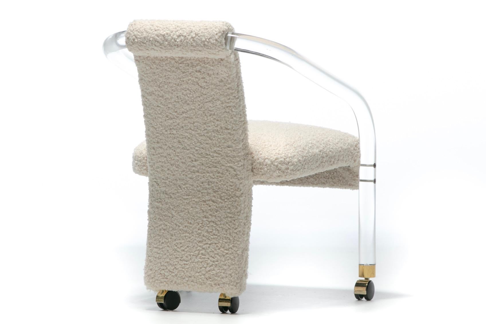 Sexy 1970s Lucite & Brass Set of Chairs in Ivory White Bouclé on Casters c. 1970 3
