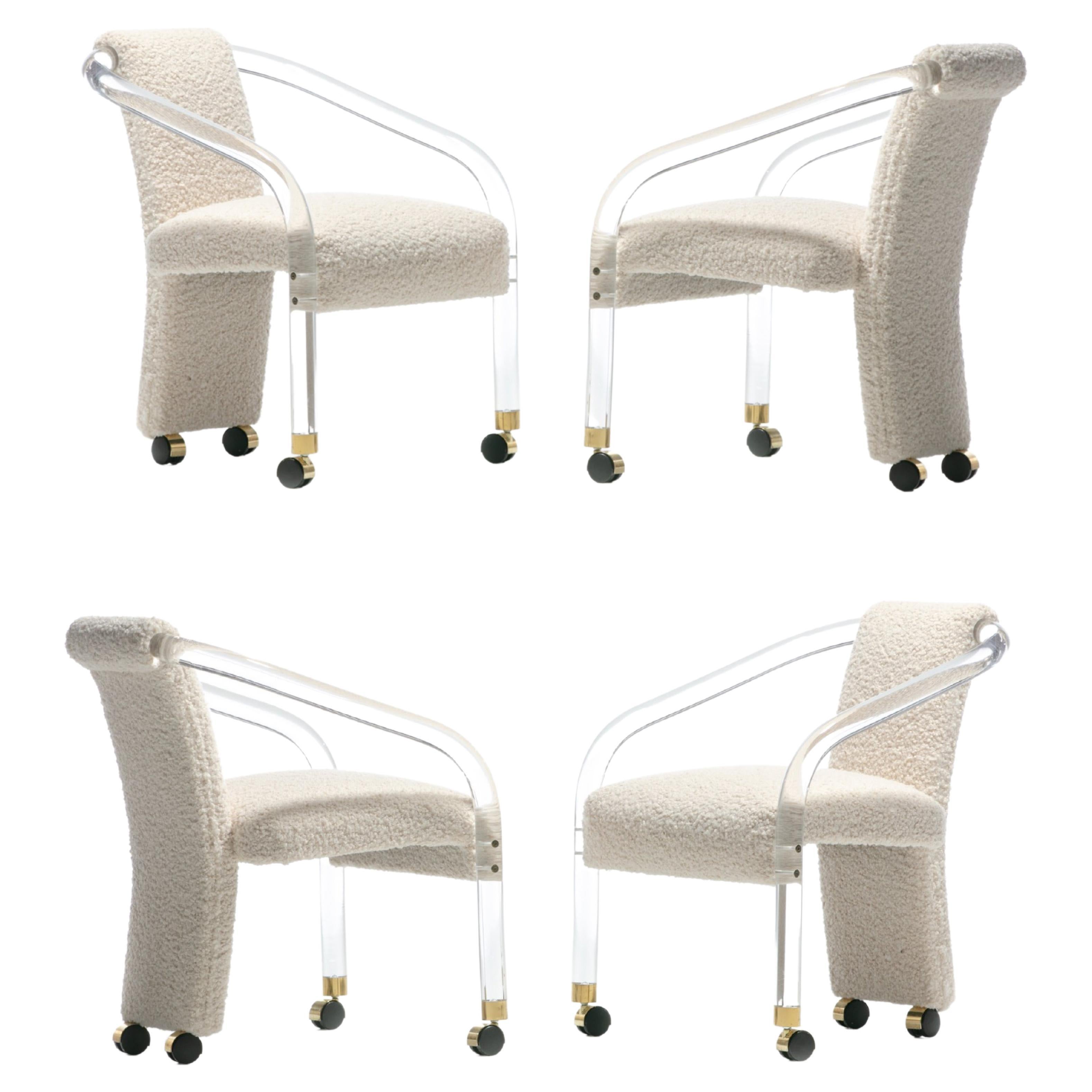 Sexy 1970s Lucite & Brass Set of Chairs in Ivory White Bouclé on Casters c. 1970 en vente