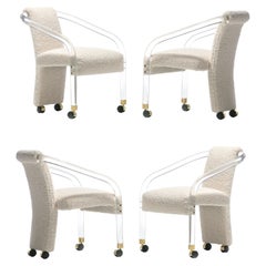 Sexy 1970s Lucite & Brass Set of Chairs in Ivory White Bouclé on Casters c. 1970