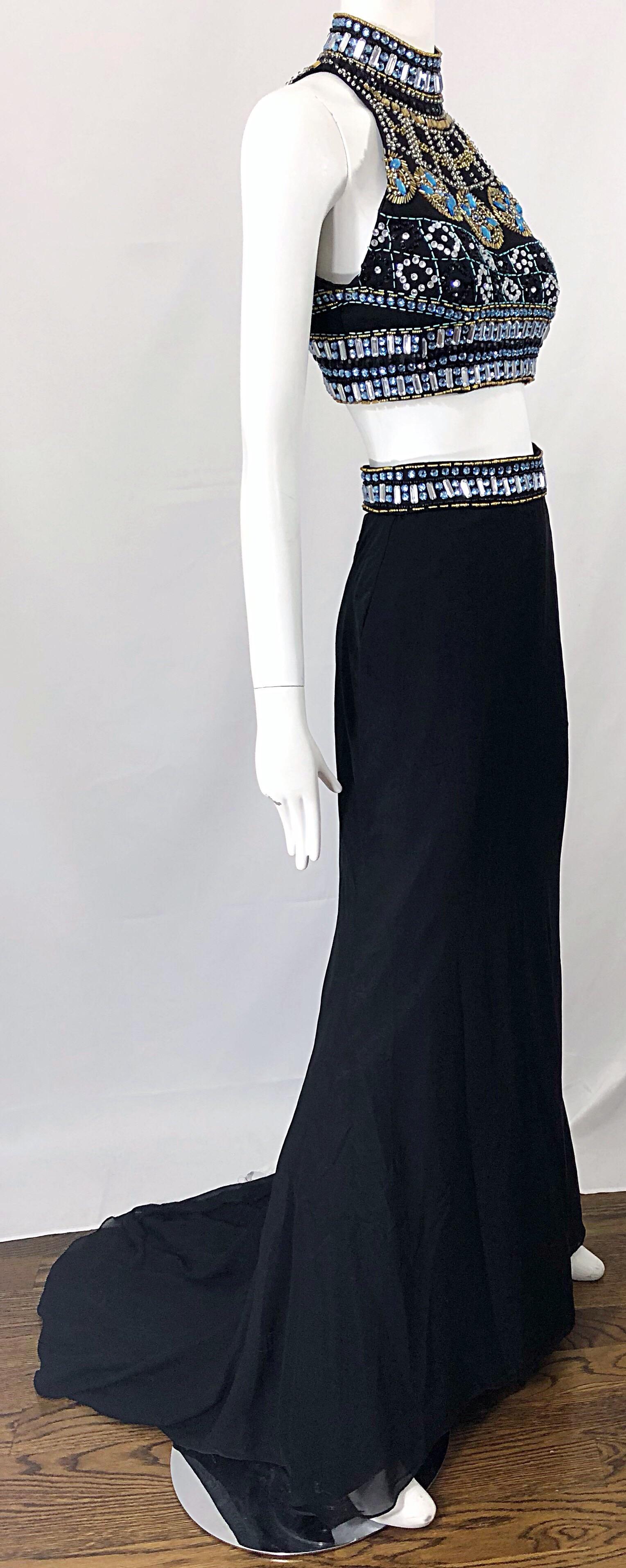 Sexy 1990s Black Chiffon Beaded Vintage 90s Crop Top + Trained Maxi Skirt  For Sale 3