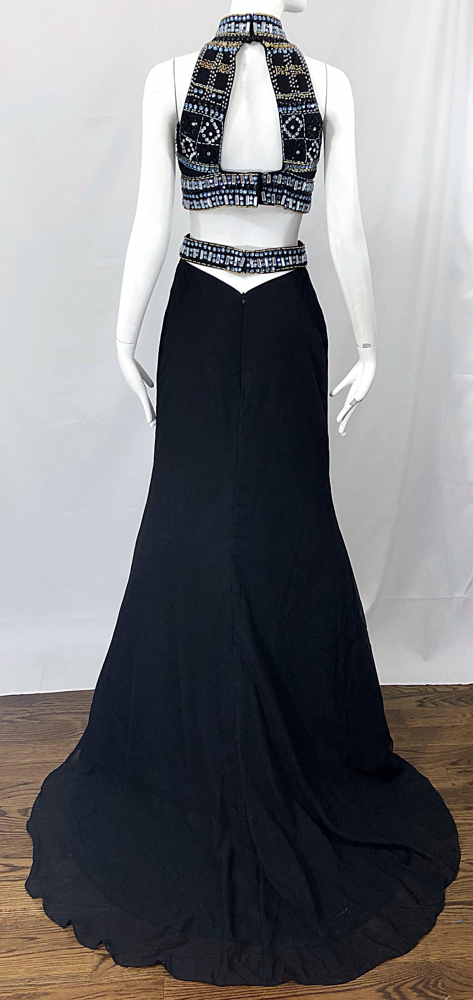 Sexy 1990s Black Chiffon Beaded Vintage 90s Crop Top + Trained Maxi Skirt  For Sale 4