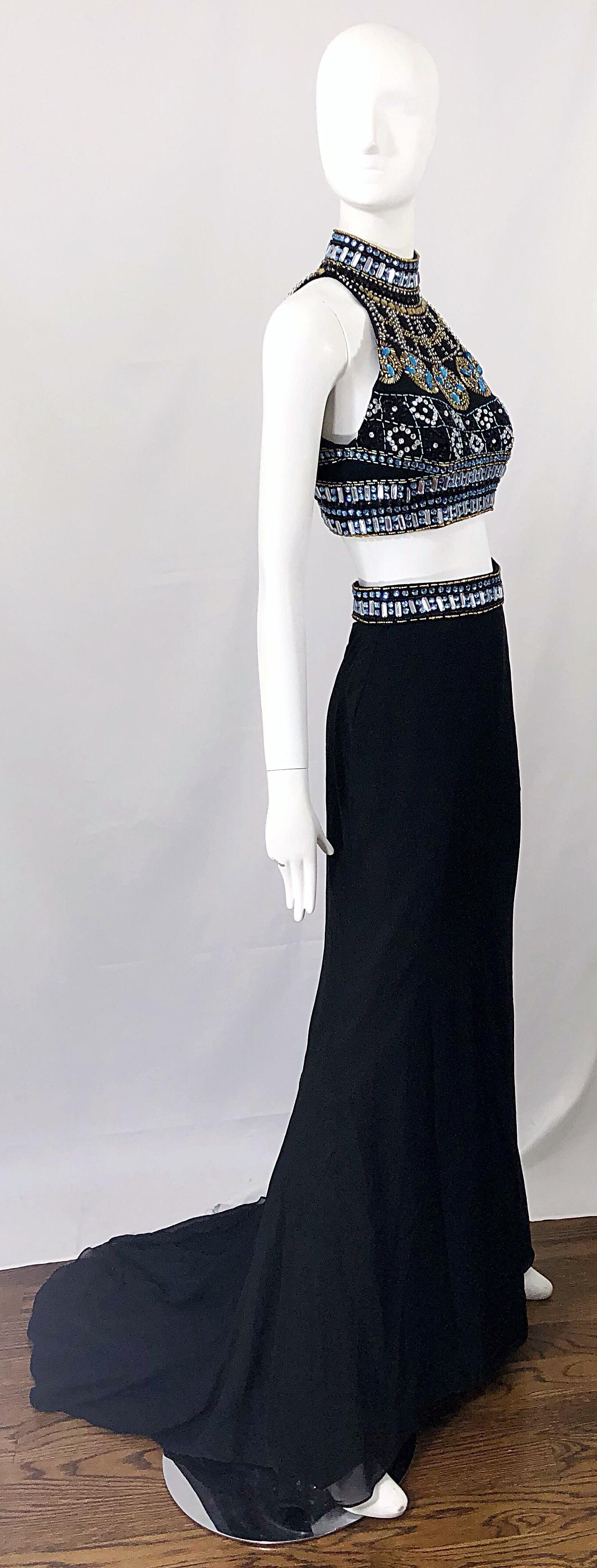 Sexy 1990s Black Chiffon Beaded Vintage 90s Crop Top + Trained Maxi Skirt  For Sale 5