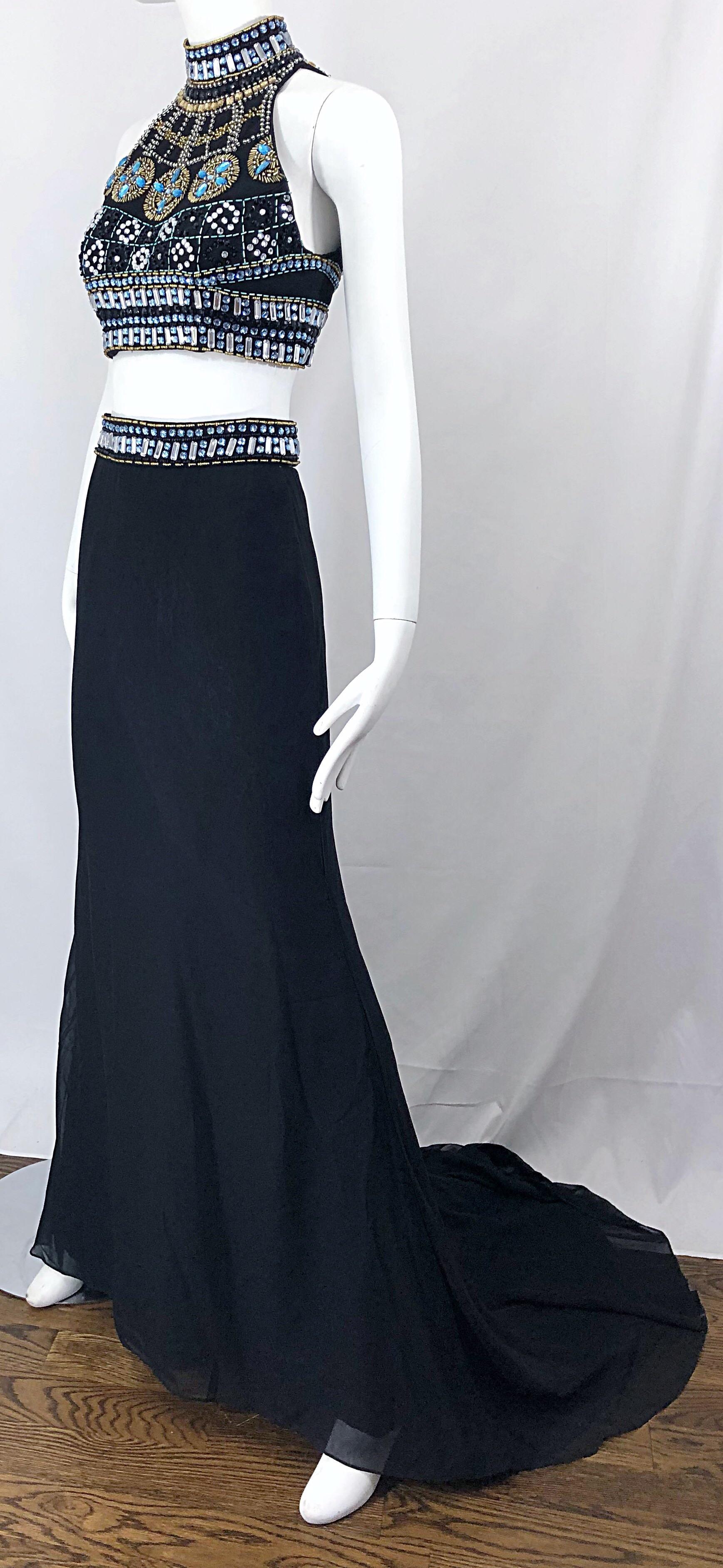 Sexy 1990s Black Chiffon Beaded Vintage 90s Crop Top + Trained Maxi Skirt  For Sale 6