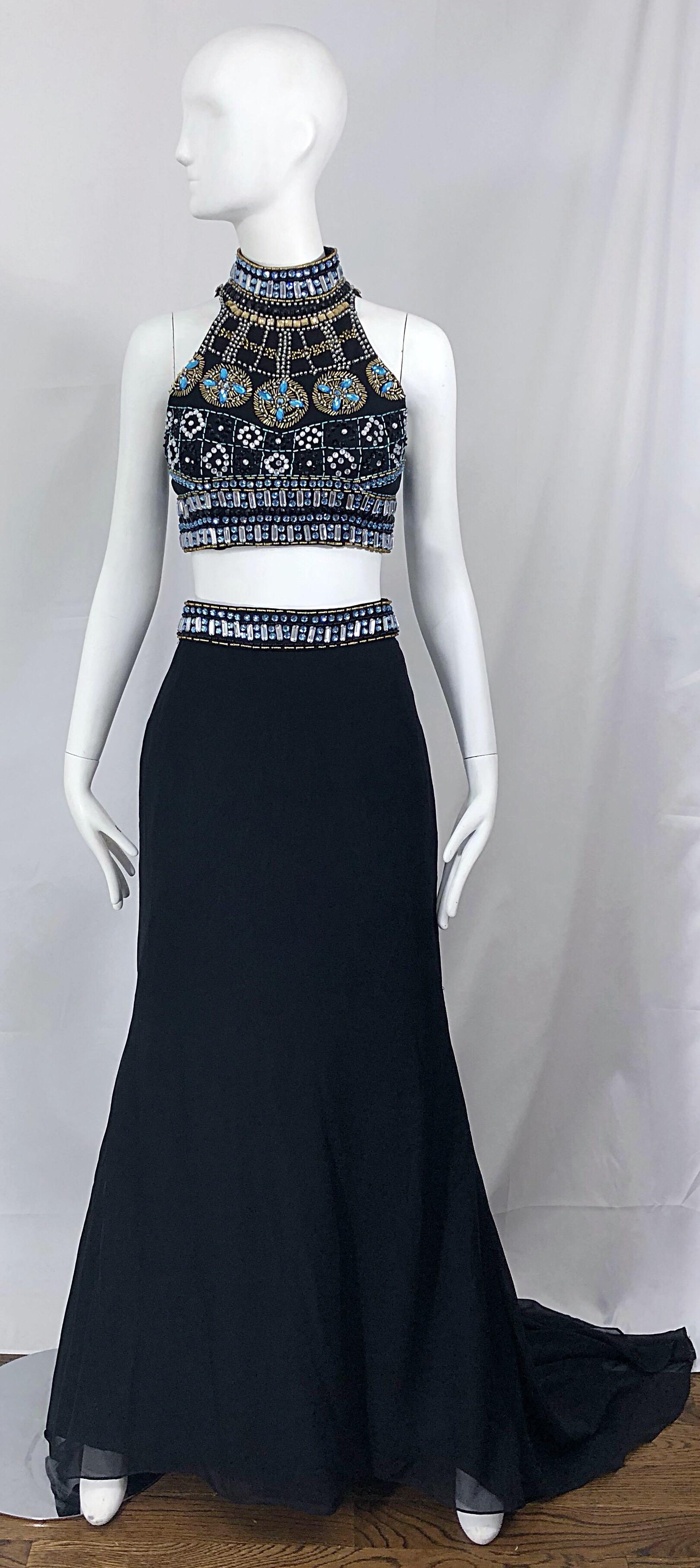 Sexy 1990s Black Chiffon Beaded Vintage 90s Crop Top + Trained Maxi Skirt  For Sale 7
