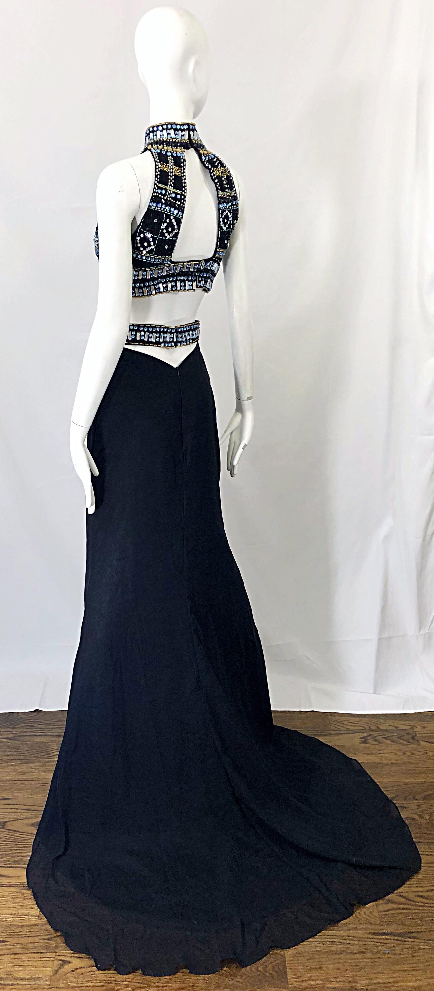 Sexy 1990s Black Chiffon Beaded Vintage 90s Crop Top + Trained Maxi Skirt  In Excellent Condition For Sale In San Diego, CA