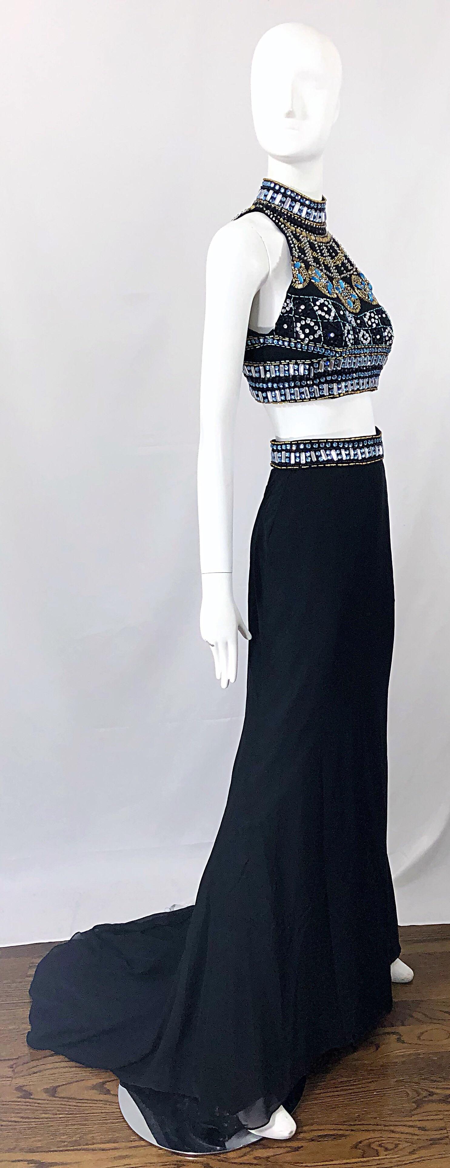 Women's Sexy 1990s Black Chiffon Beaded Vintage 90s Crop Top + Trained Maxi Skirt  For Sale