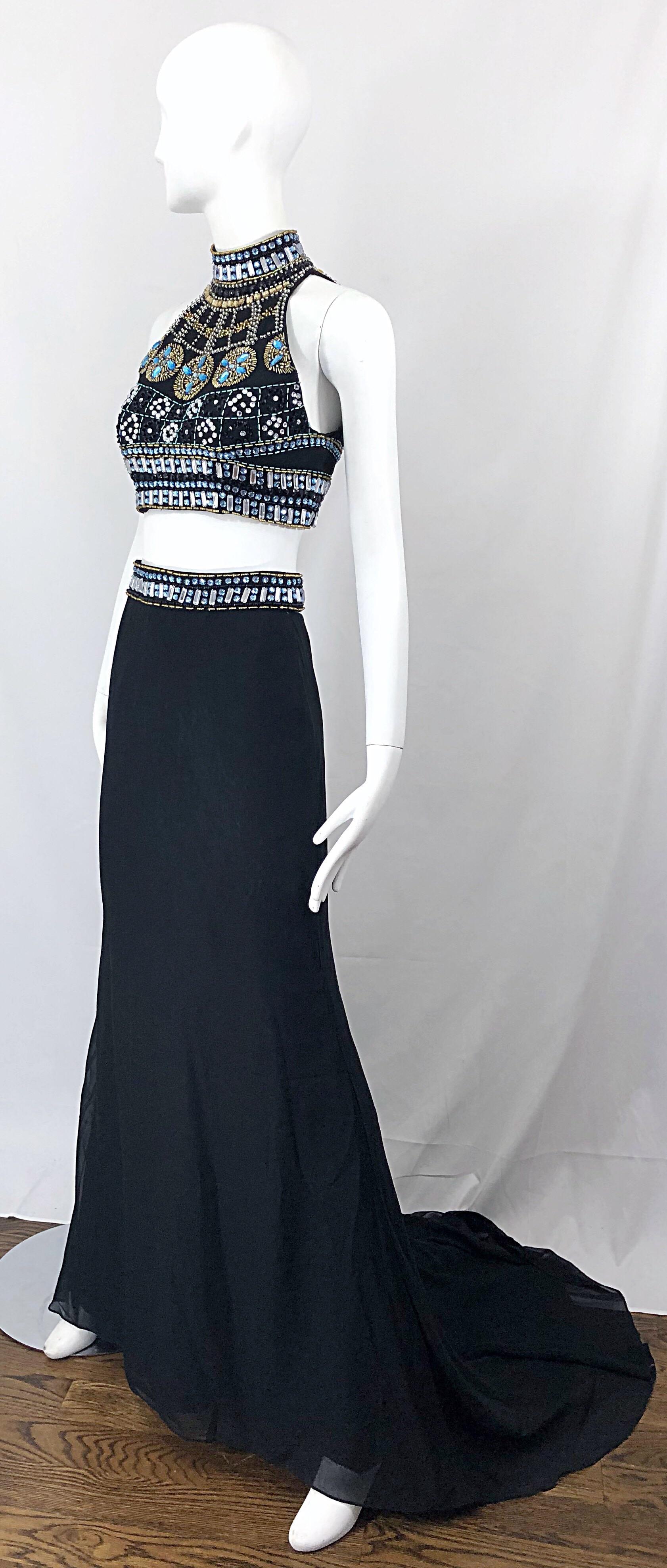 Sexy 1990s Black Chiffon Beaded Vintage 90s Crop Top + Trained Maxi Skirt  For Sale 1