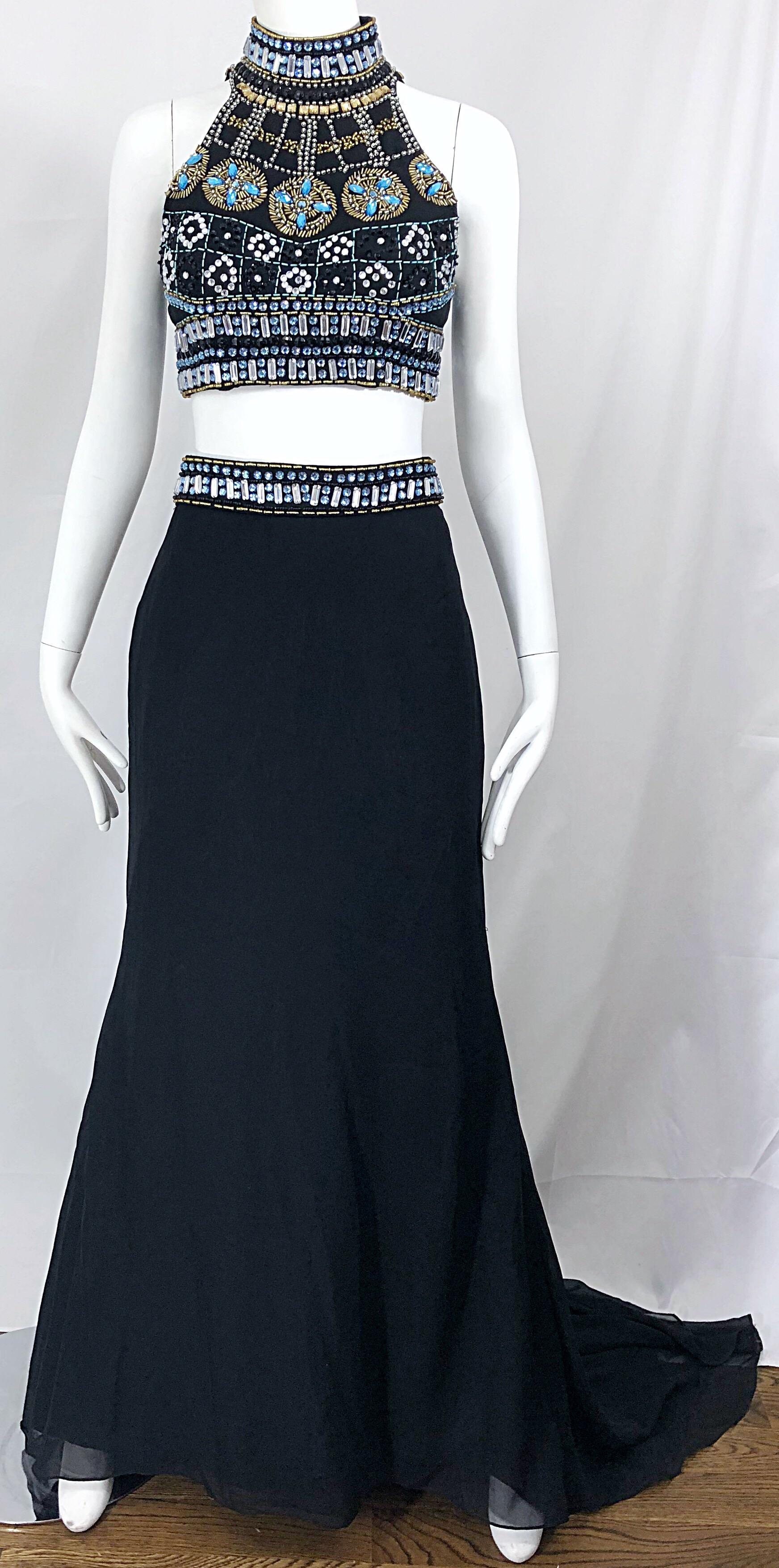Sexy 1990s Black Chiffon Beaded Vintage 90s Crop Top + Trained Maxi Skirt  For Sale 2