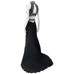 Sexy 1990s Black Chiffon Beaded Vintage 90s Crop Top + Trained Maxi Skirt