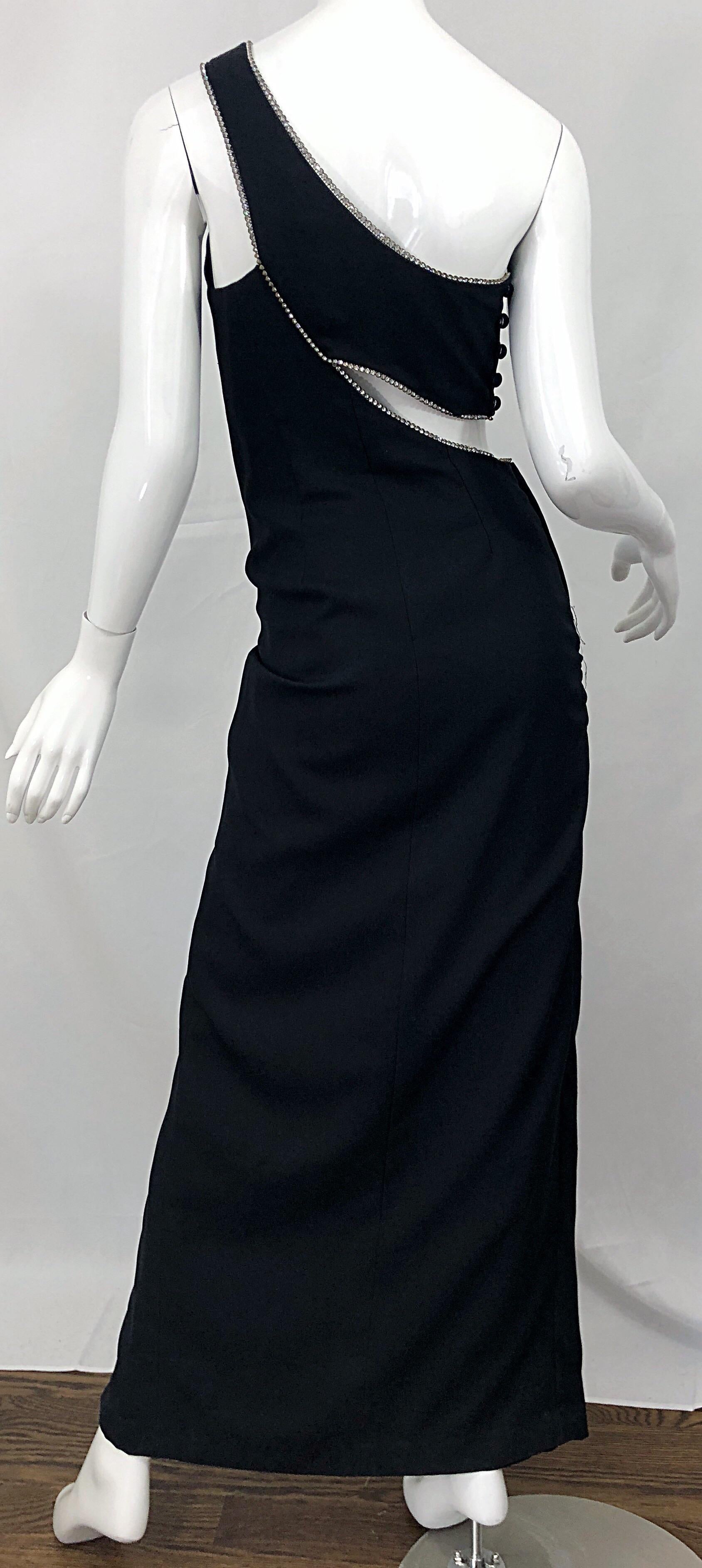 Sexy 1990s Vintage Black Crepe Rayon + Rhinestones One Shoulder Cut - Out Gown For Sale 5