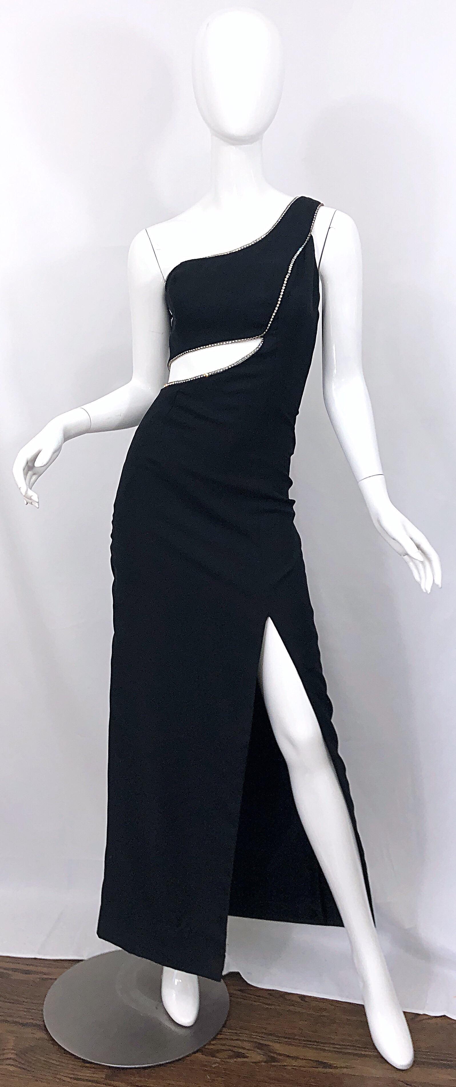 Sexy 1990s Vintage Black Crepe Rayon + Rhinestones One Shoulder Cut - Out Gown For Sale 6