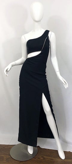Sexy 1990s Vintage Black Crepe Rayon + Rhinestones One Shoulder Cut - Out Gown