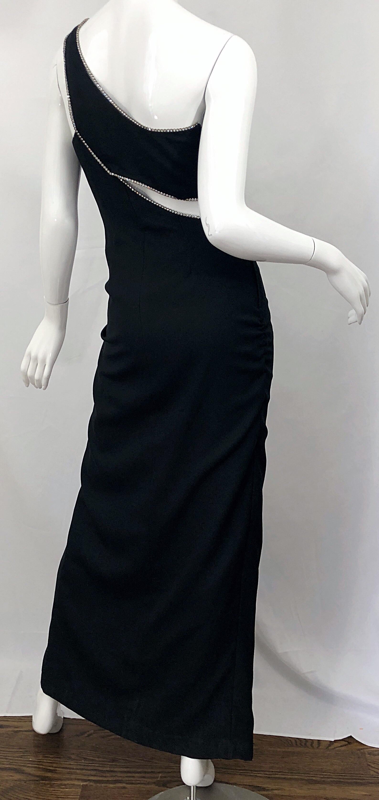 Sexy 1990s Vintage Black Crepe Rayon + Rhinestones One Shoulder Cut - Out Gown In Excellent Condition For Sale In San Diego, CA
