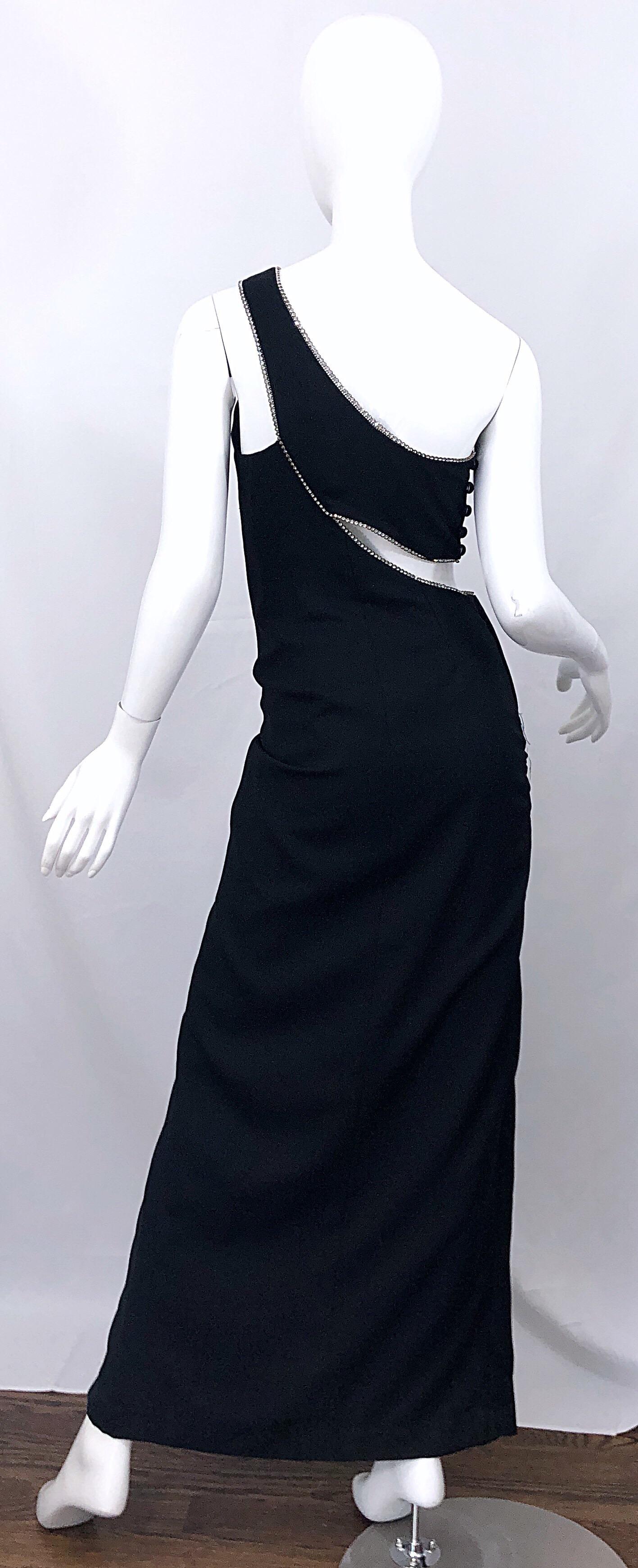 Women's Sexy 1990s Vintage Black Crepe Rayon + Rhinestones One Shoulder Cut - Out Gown For Sale