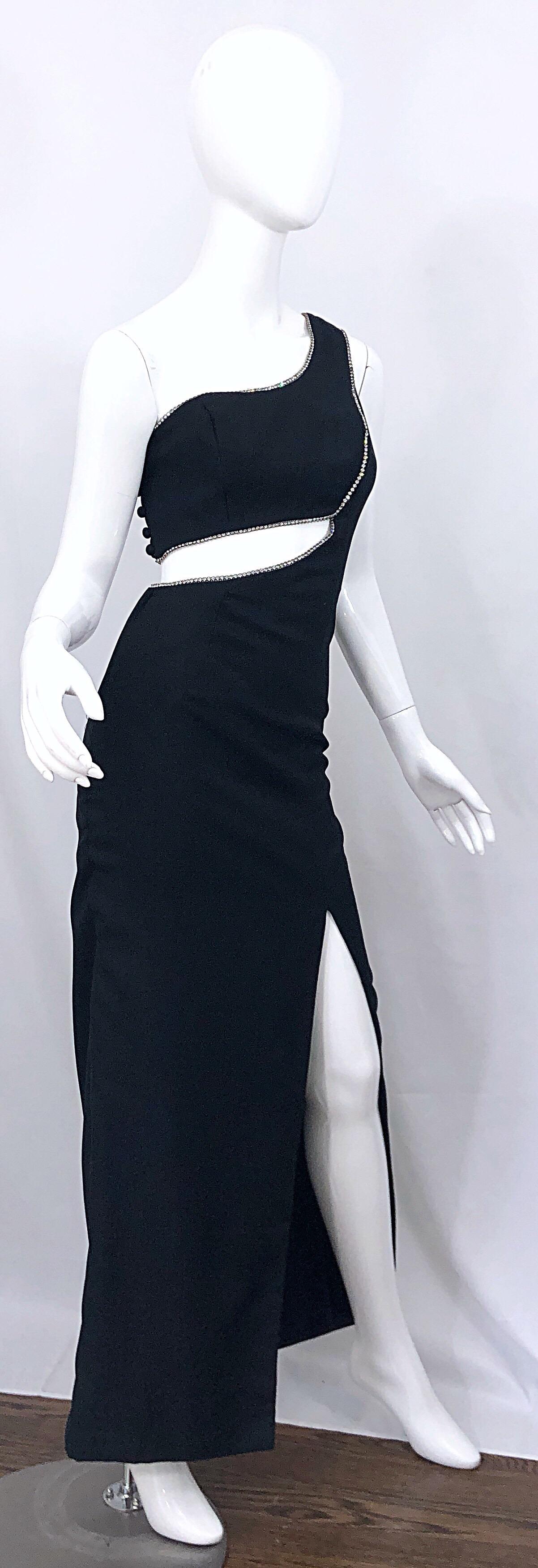Sexy 1990s Vintage Black Crepe Rayon + Rhinestones One Shoulder Cut - Out Gown For Sale 1
