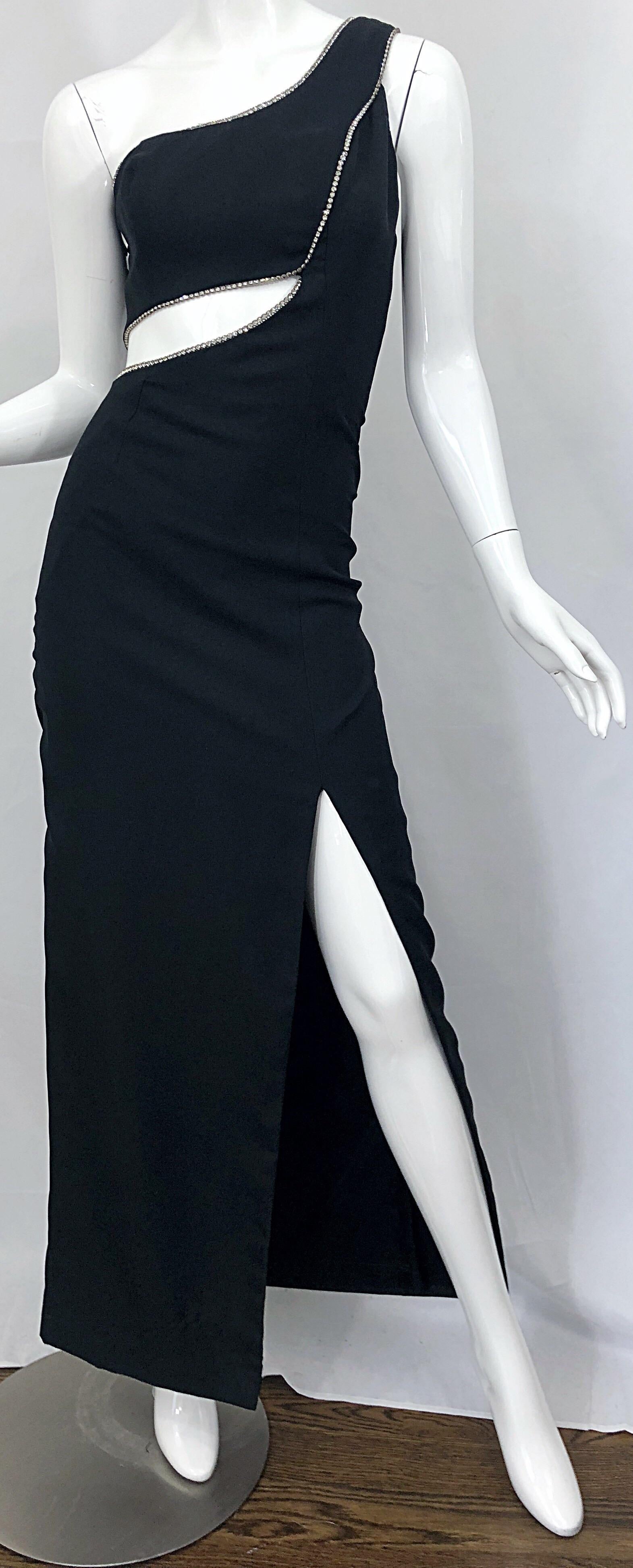 Sexy 1990s Vintage Black Crepe Rayon + Rhinestones One Shoulder Cut - Out Gown For Sale 2