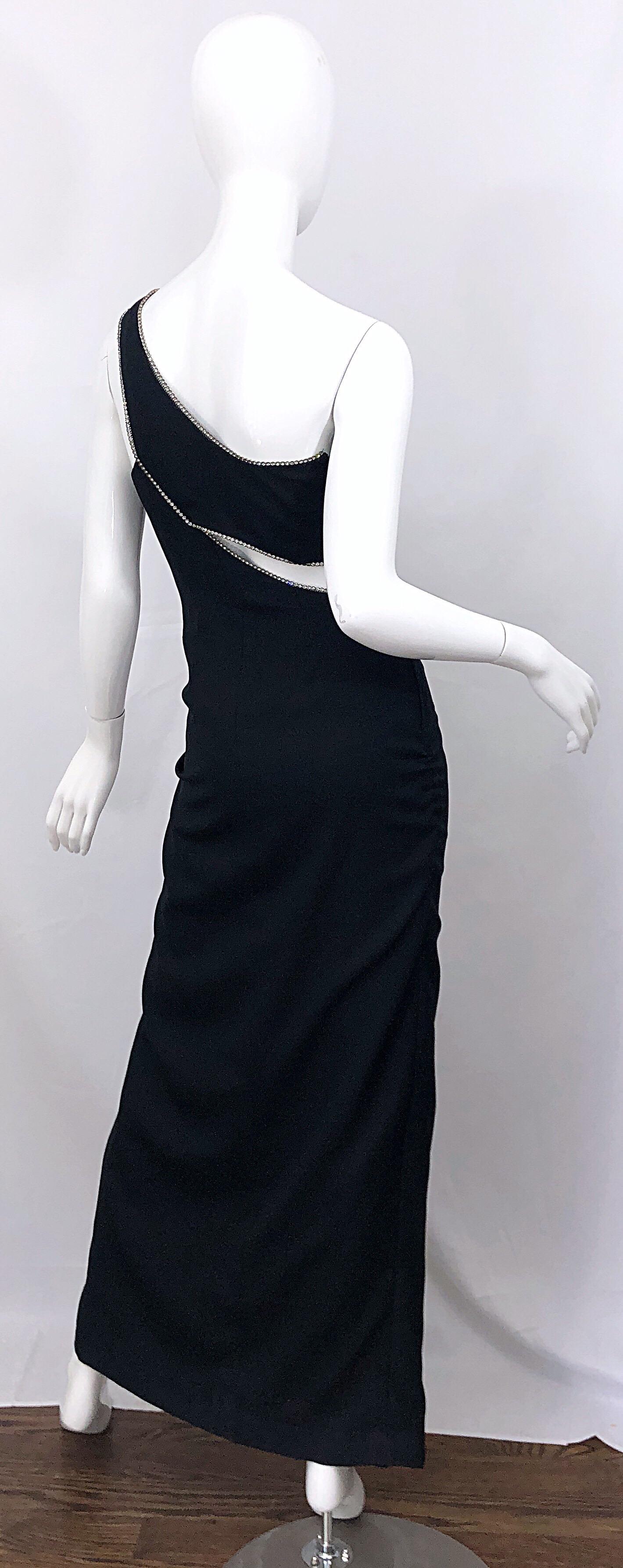 Sexy 1990s Vintage Black Crepe Rayon + Rhinestones One Shoulder Cut - Out Gown For Sale 3