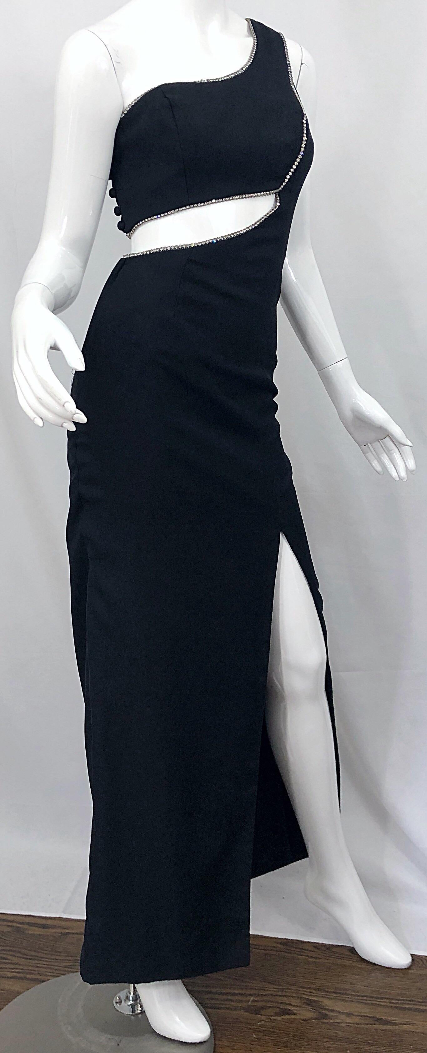 Sexy 1990s Vintage Black Crepe Rayon + Rhinestones One Shoulder Cut - Out Gown For Sale 4