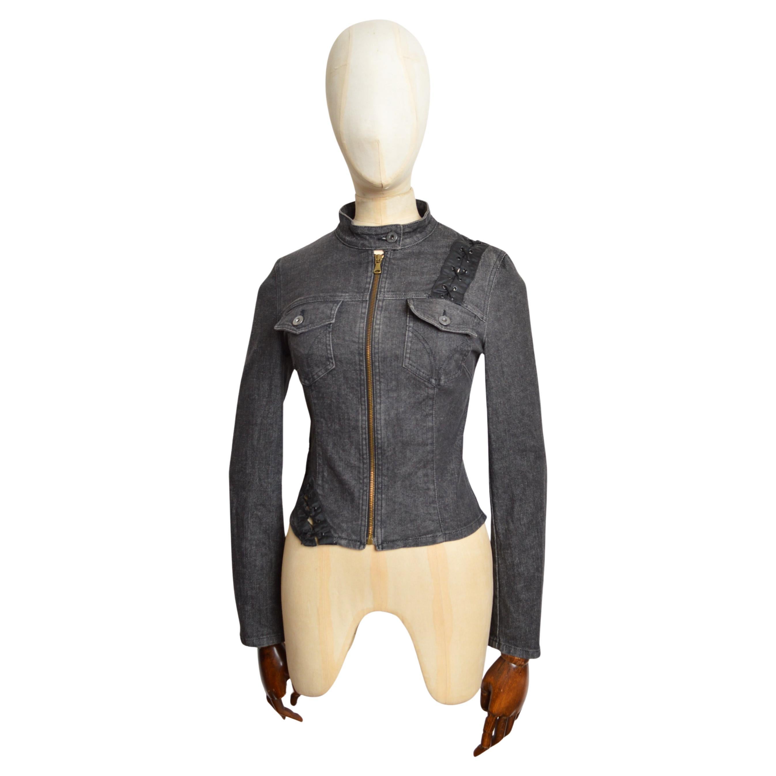 Sexy 2000’s Dolce & Gabbana Y2k Charcoal Grey fitted denim corset Jacket For Sale