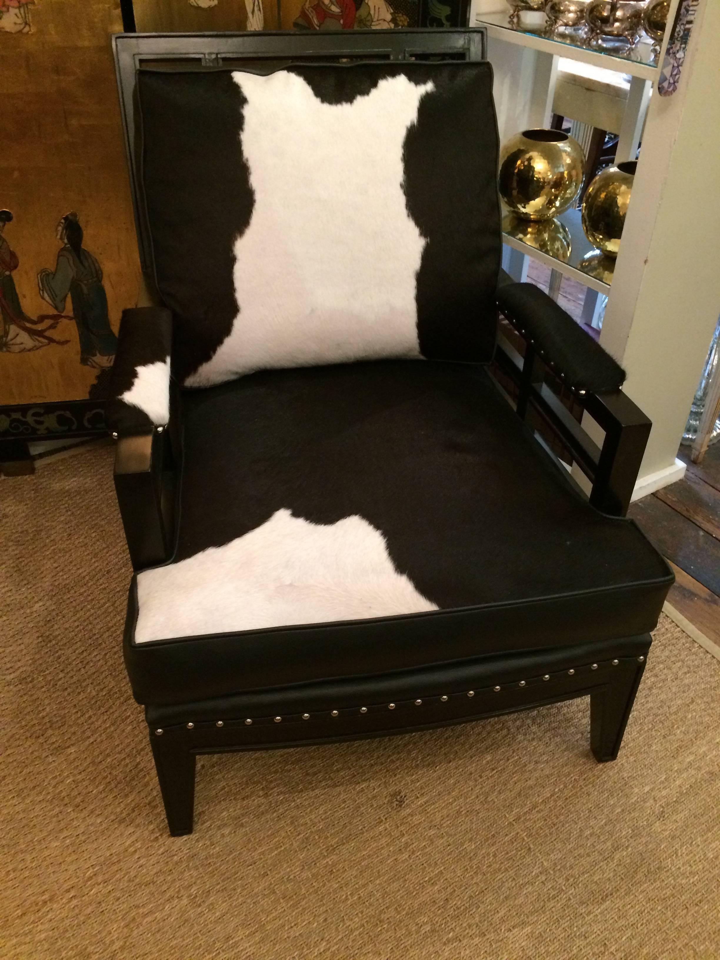American Sexy Black and White Leather Cowhide Club Chair and Ottoman
