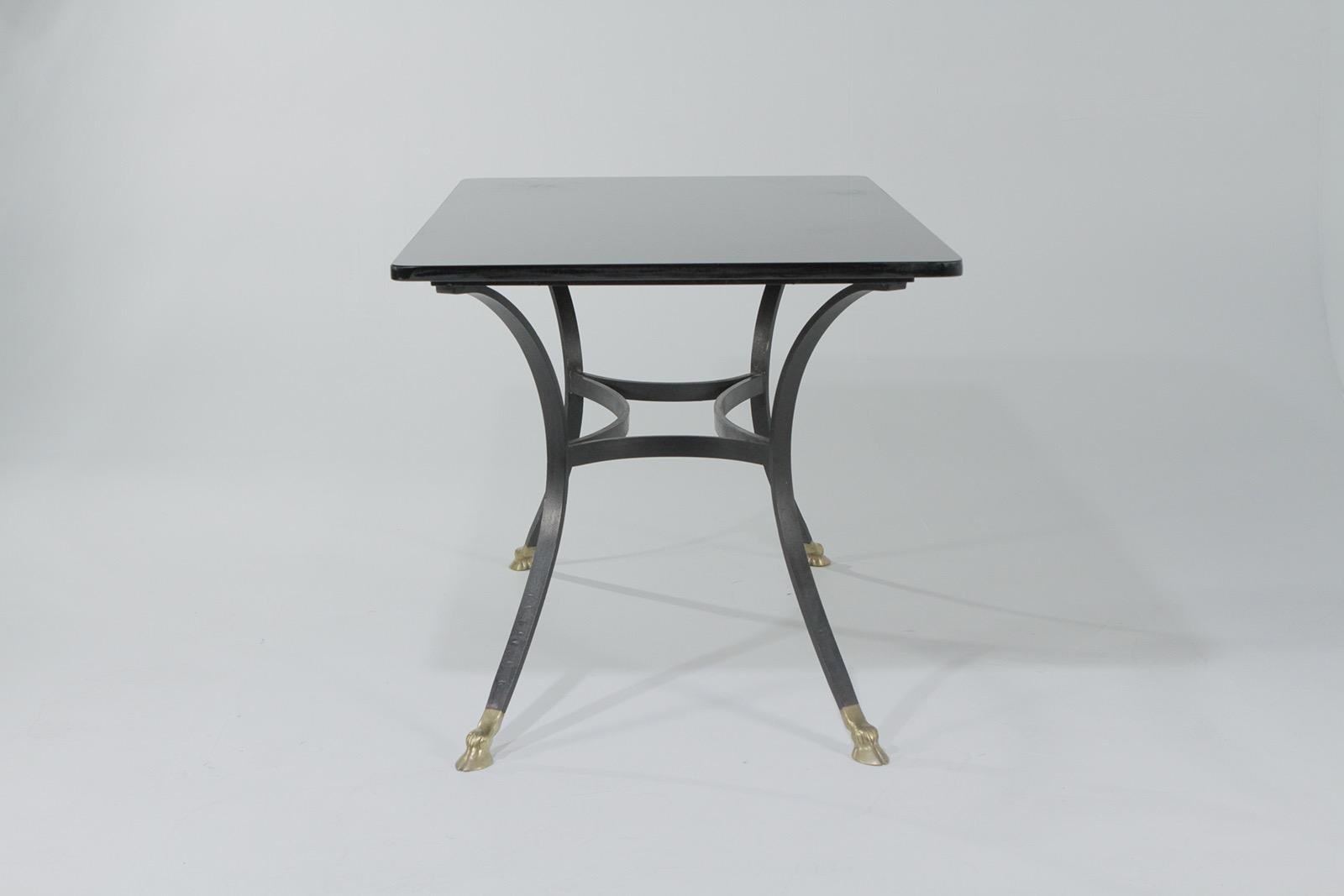 American Sexy Black Glass and Wrought Iron Dining Table with Brass Feet