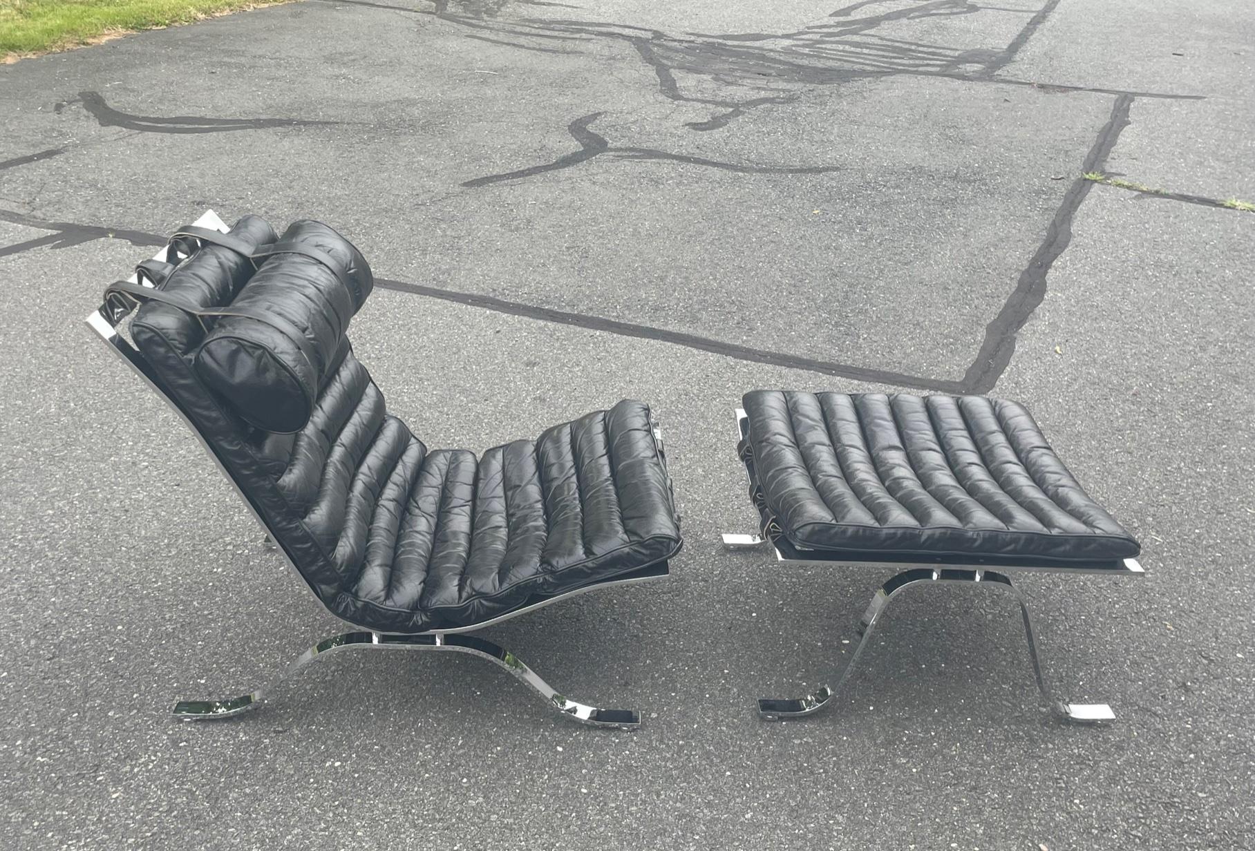 Mid-Century Modern Sexy Black Leather Arne Norell ARI Vintage Lounge Chair and Ottoman