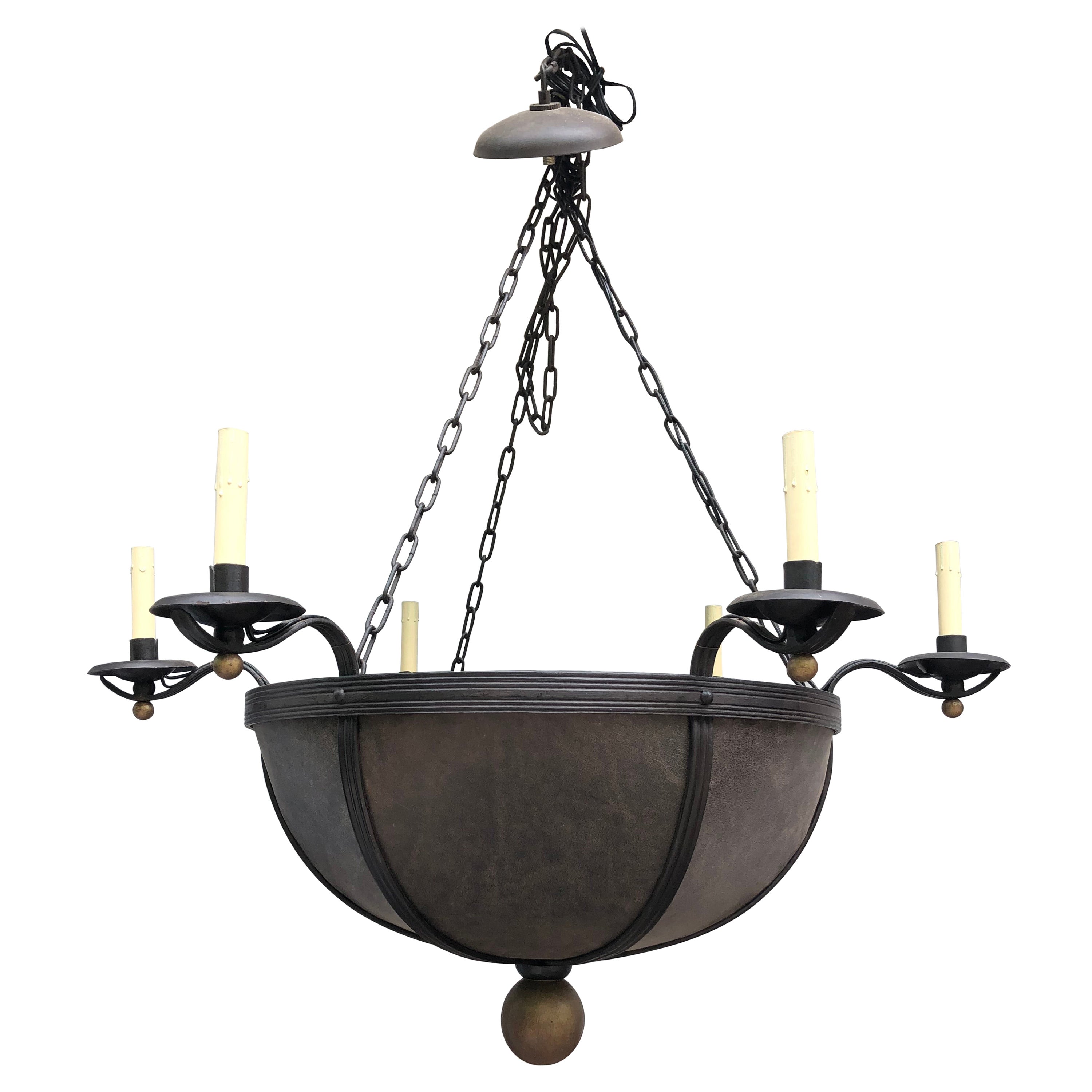 Lampadario grande a forma di ciotola sexy in pelle e ferro a 6 bracci in vendita