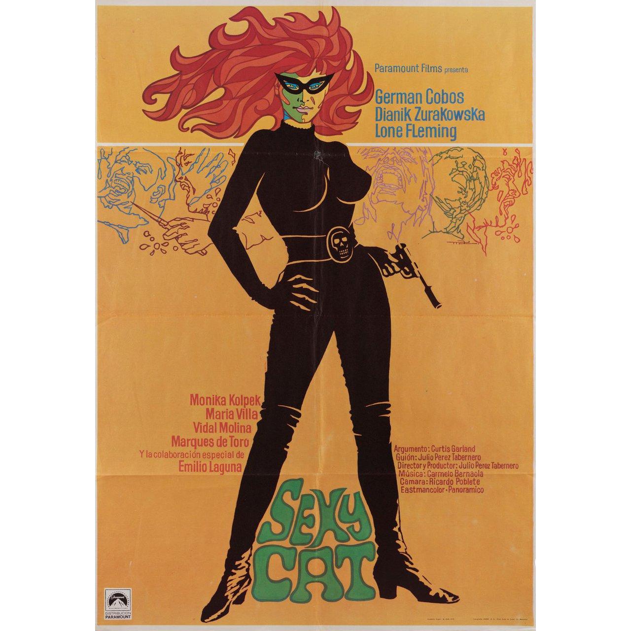 Original 1973 Spanish B1 poster by Macario \Mac\ Gomez for the film Sexy Cat directed by Julio Perez Tabernero with German Cobos / Marques de Toro / Lone Fleming / Monika Kolpek. Very Good condition, folded with fold separation. Many original