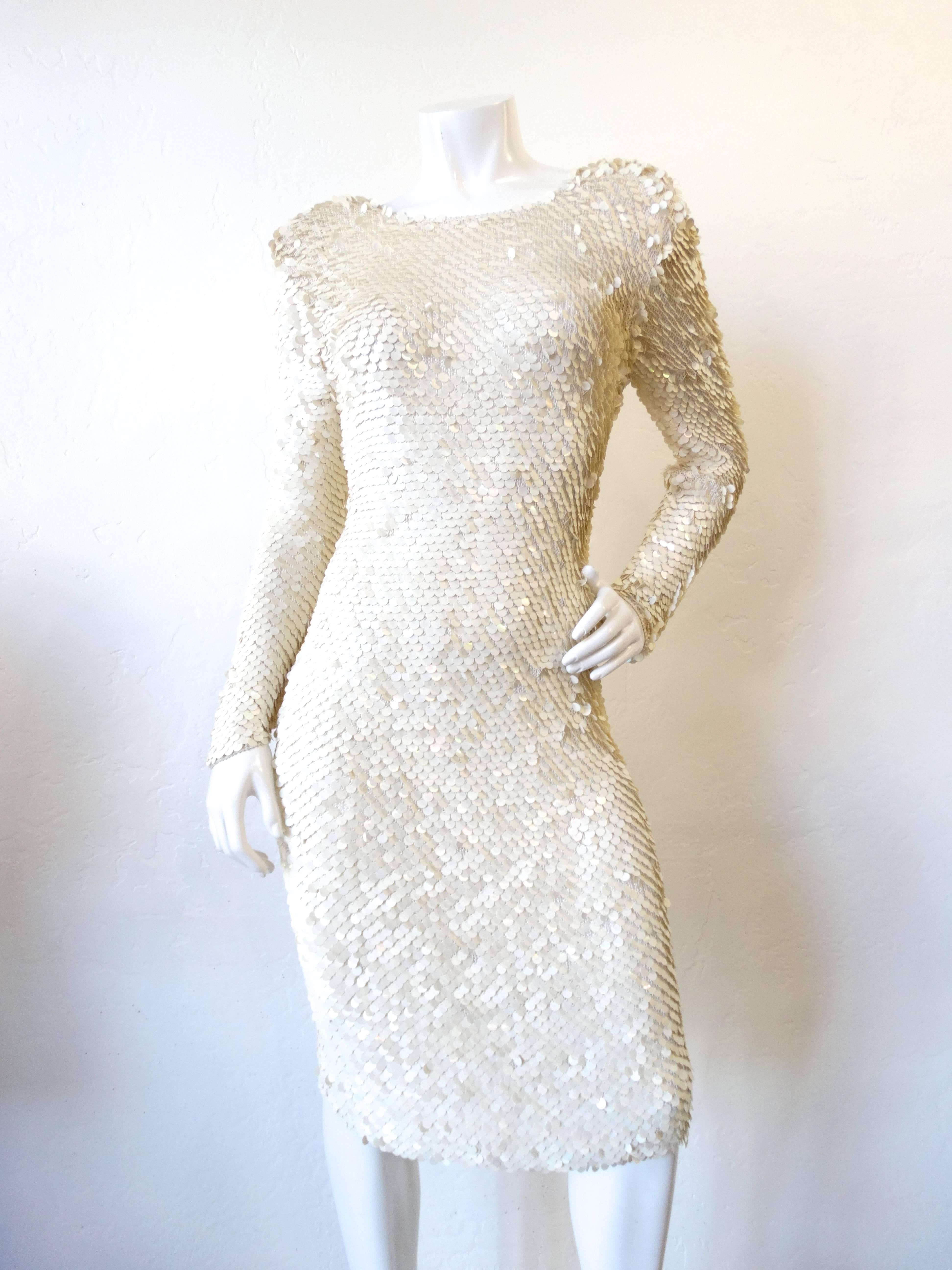 Sexy Cream Sequin Knit Cocktail Dress In Excellent Condition In Scottsdale, AZ