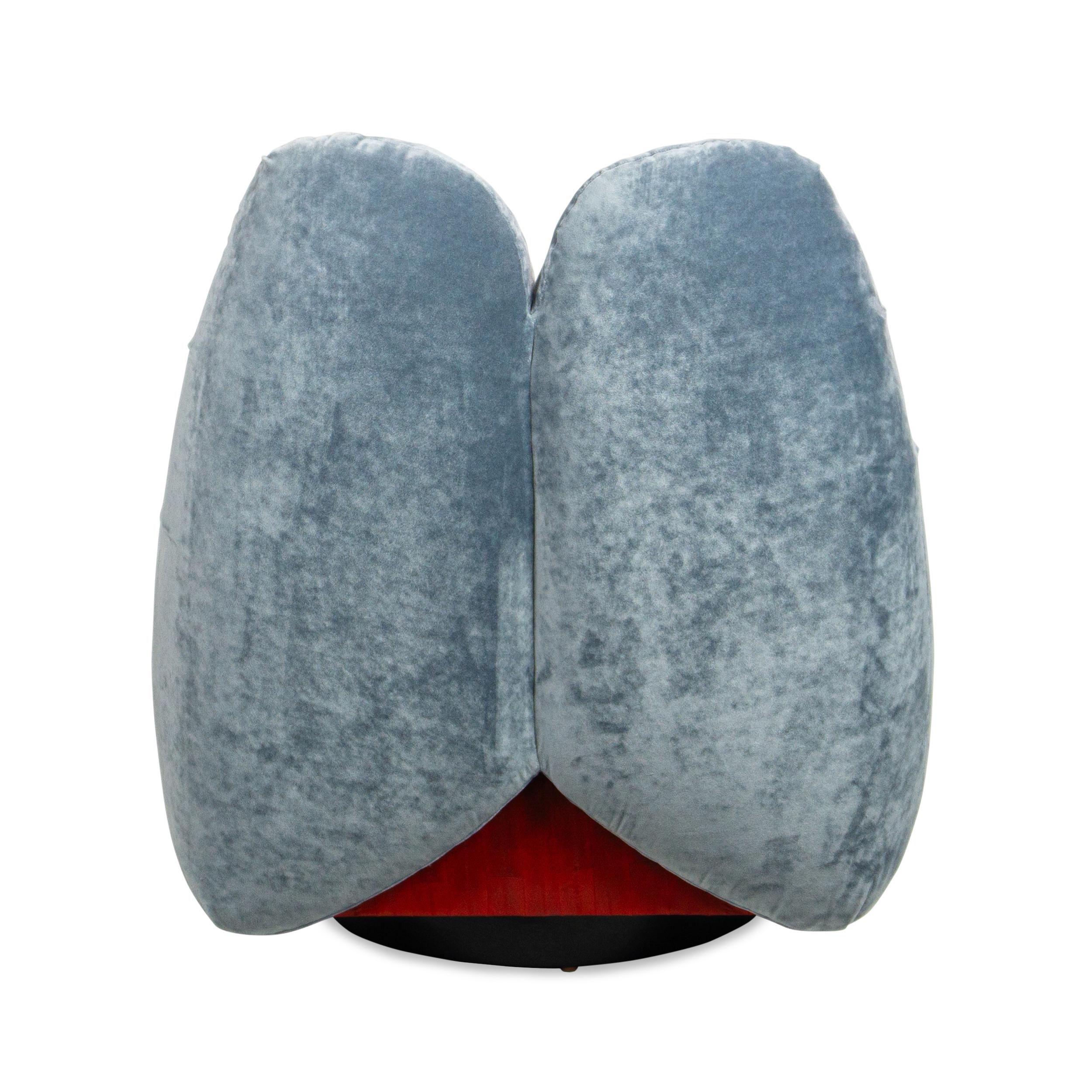 Sedia girevole sexy curvy Chunky in velluto schiacciato azzurro e pelle rossa in vendita 4