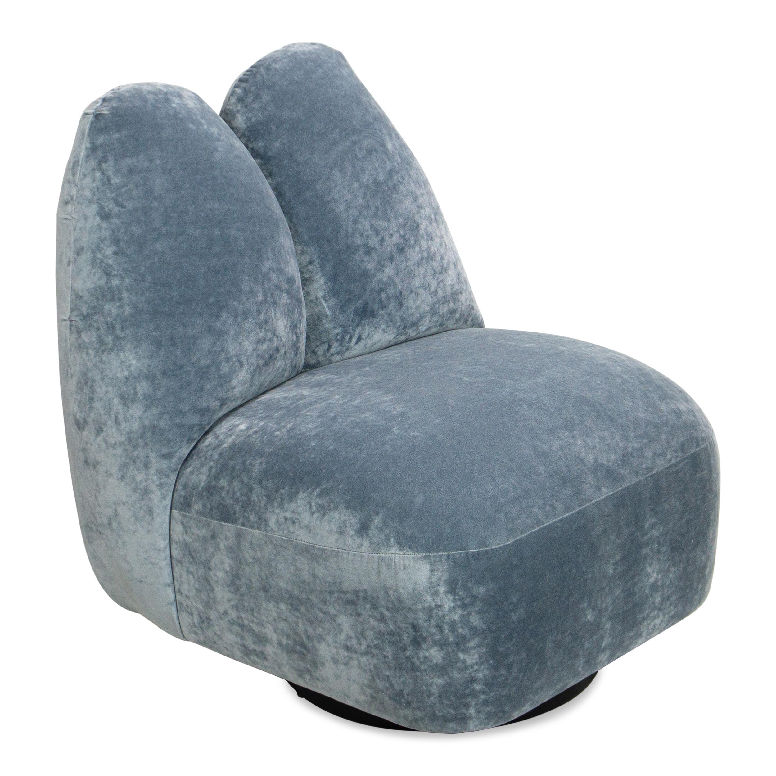 Moderno Sedia girevole sexy curvy Chunky in velluto schiacciato azzurro e pelle rossa in vendita