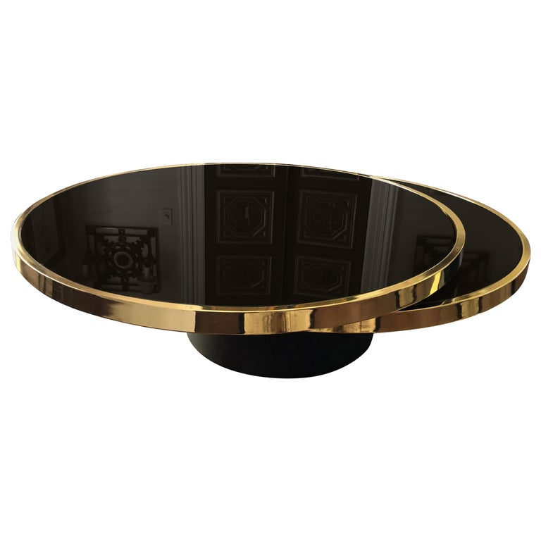 Sexy Dia Round Two Tier Swivel Brass And Black Glass Coffee Table For Sale At 1stdibs