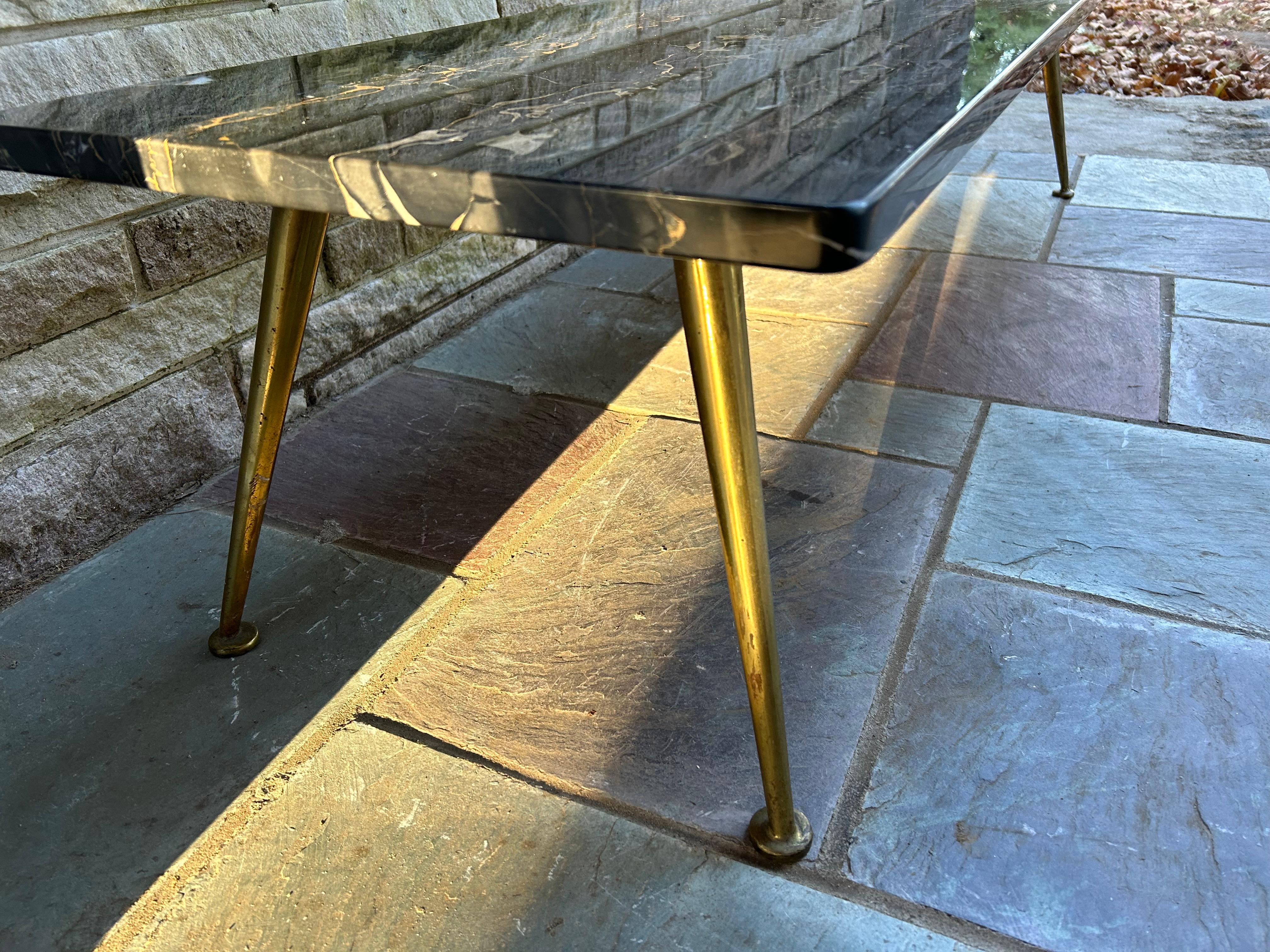 Mid-Century Modern Sexy Italian Gio Ponti style Black Marble Rectangular Coffee Table Brass legs For Sale