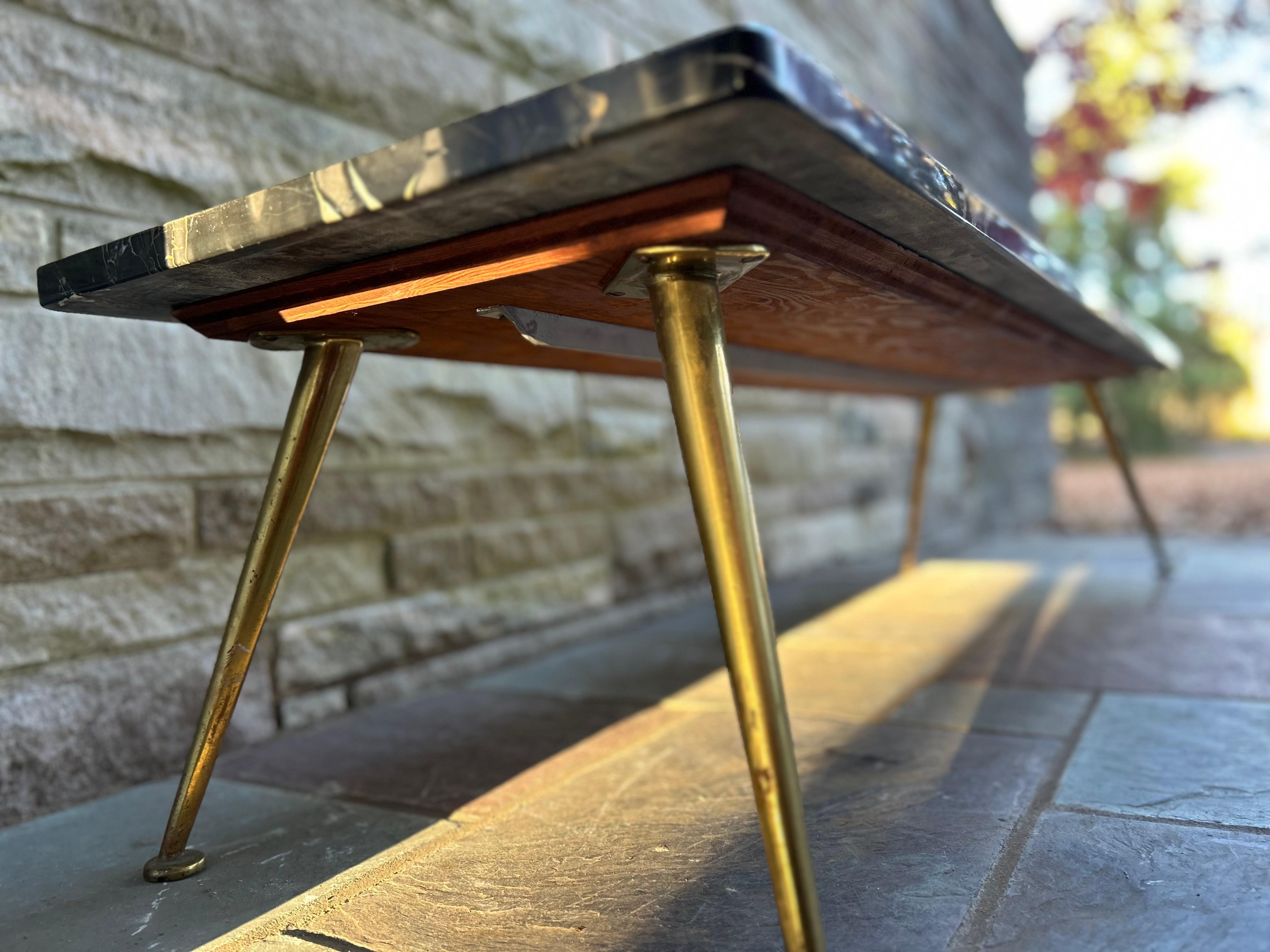 Sexy Italian Gio Ponti style Black Marble Rectangular Coffee Table Brass legs In Good Condition For Sale In Pemberton, NJ