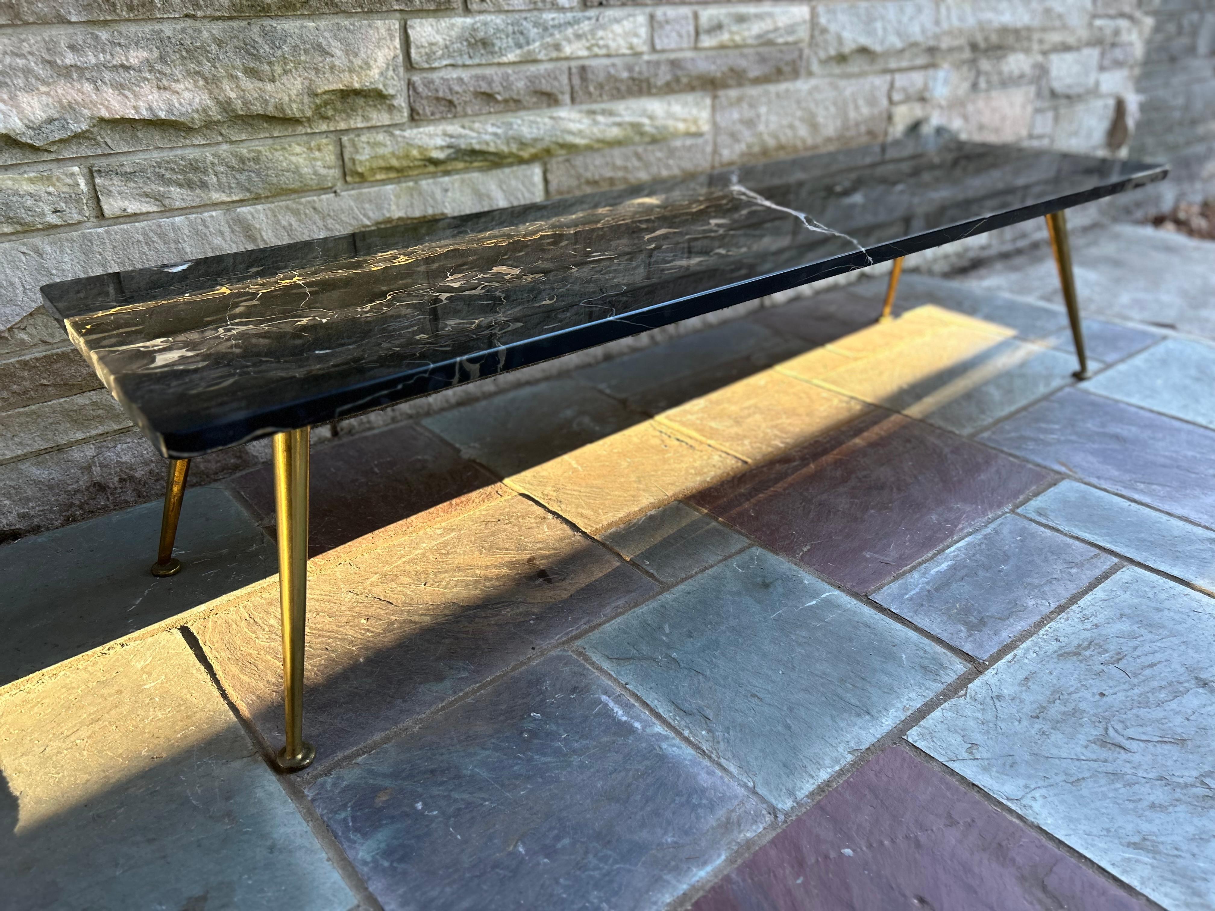 Mid-20th Century Sexy Italian Gio Ponti style Black Marble Rectangular Coffee Table Brass legs For Sale