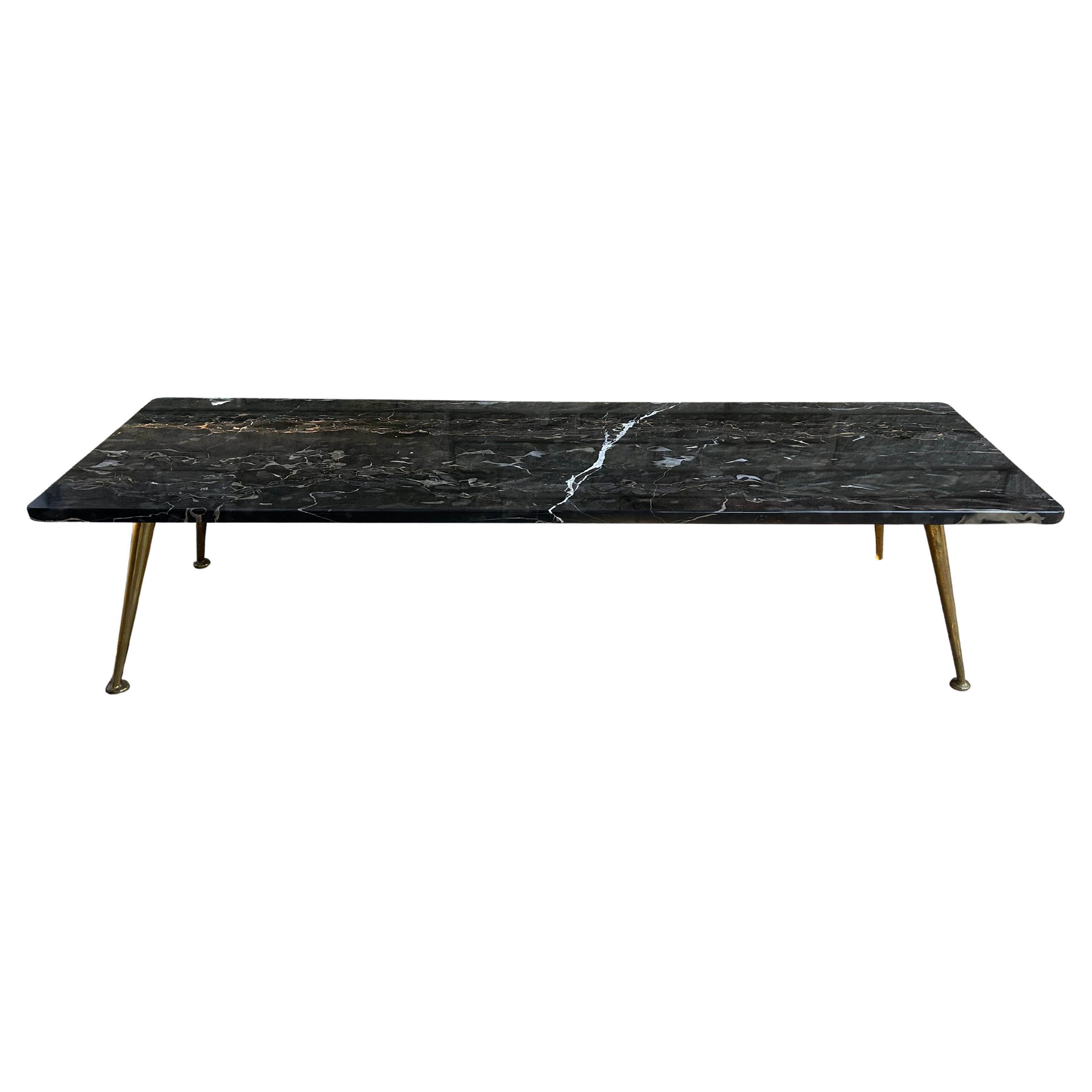Sexy Italian Gio Ponti style Black Marble Rectangular Coffee Table Brass legs For Sale