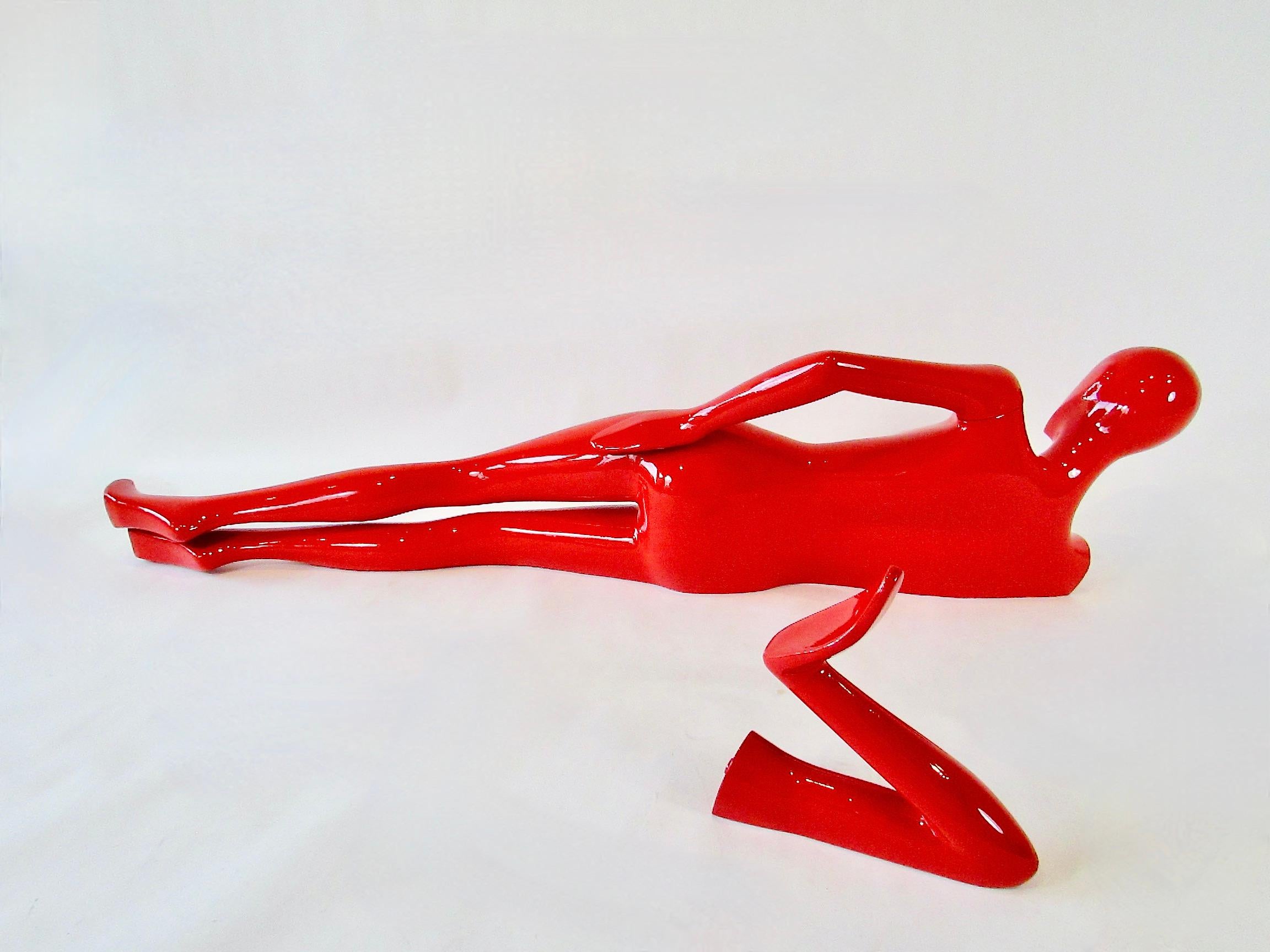 Plastic Sexy lady in red mannequin sculpture in head on hand repose