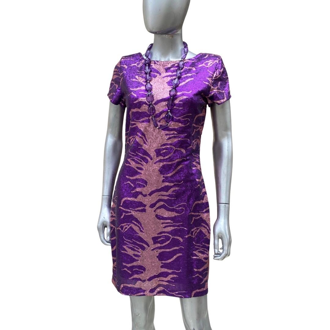 Sexy Little Purple and Pink Animal Sequin Pattern Cocktail Dress Size Med For Sale 1