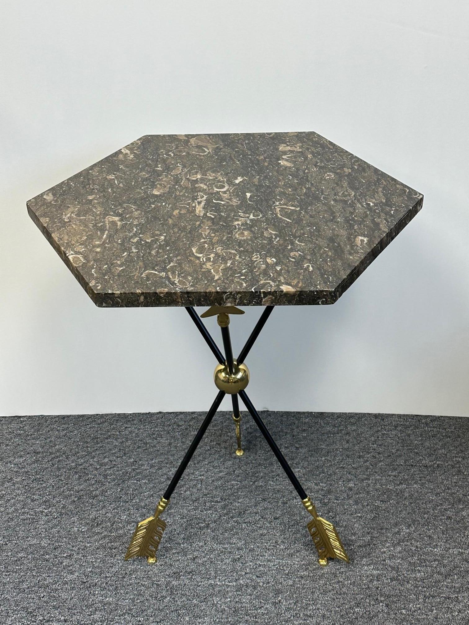 Chic Brass & Ebonized Iron Arrow Motif End Table with Marble Top 4