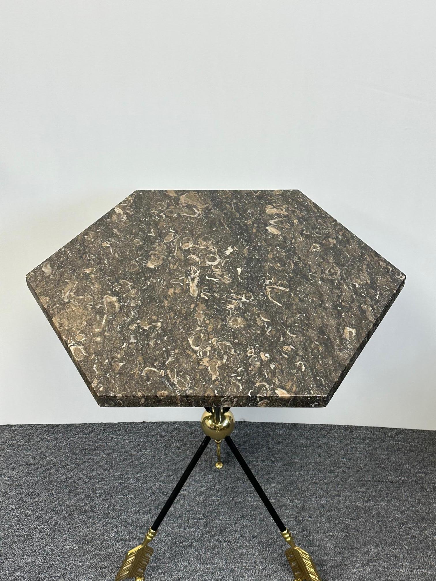 Sexy Maison Jansen Brass & Ebonized Iron Arrow Motif End Table with Marble Top For Sale 2