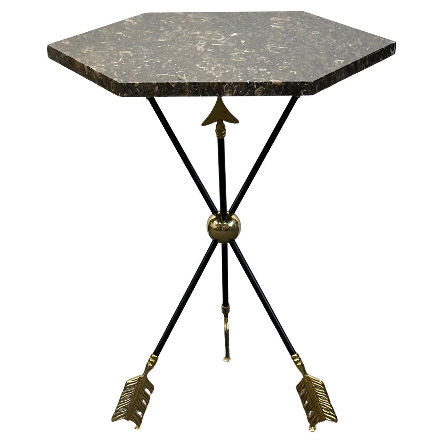 Sexy Maison Jansen Brass & Ebonized Iron Arrow Motif End Table with Marble Top For Sale