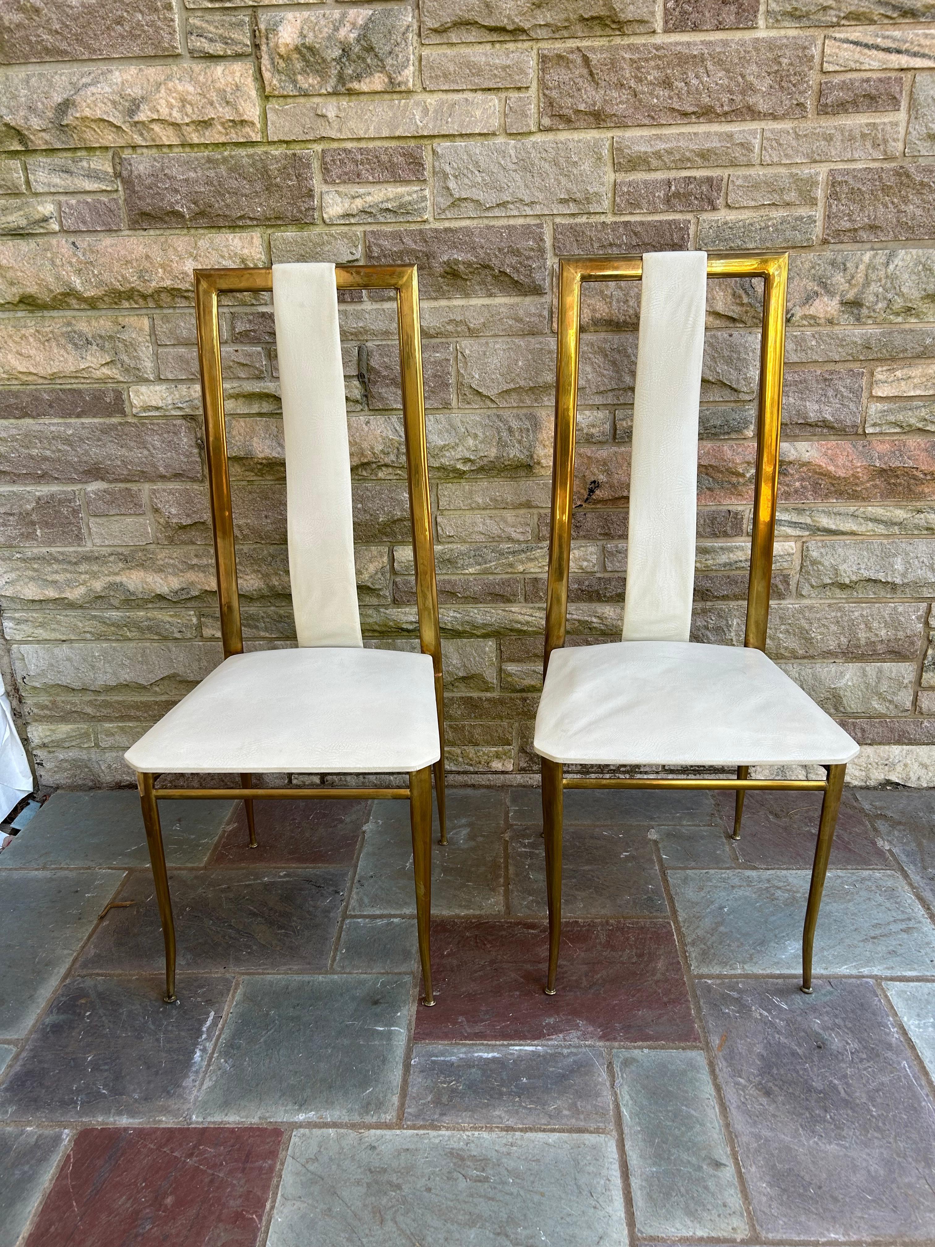 Sexy Pair Italian Gio Ponti style Tall Back Brass Side Dining Chair Mid-Century For Sale 10