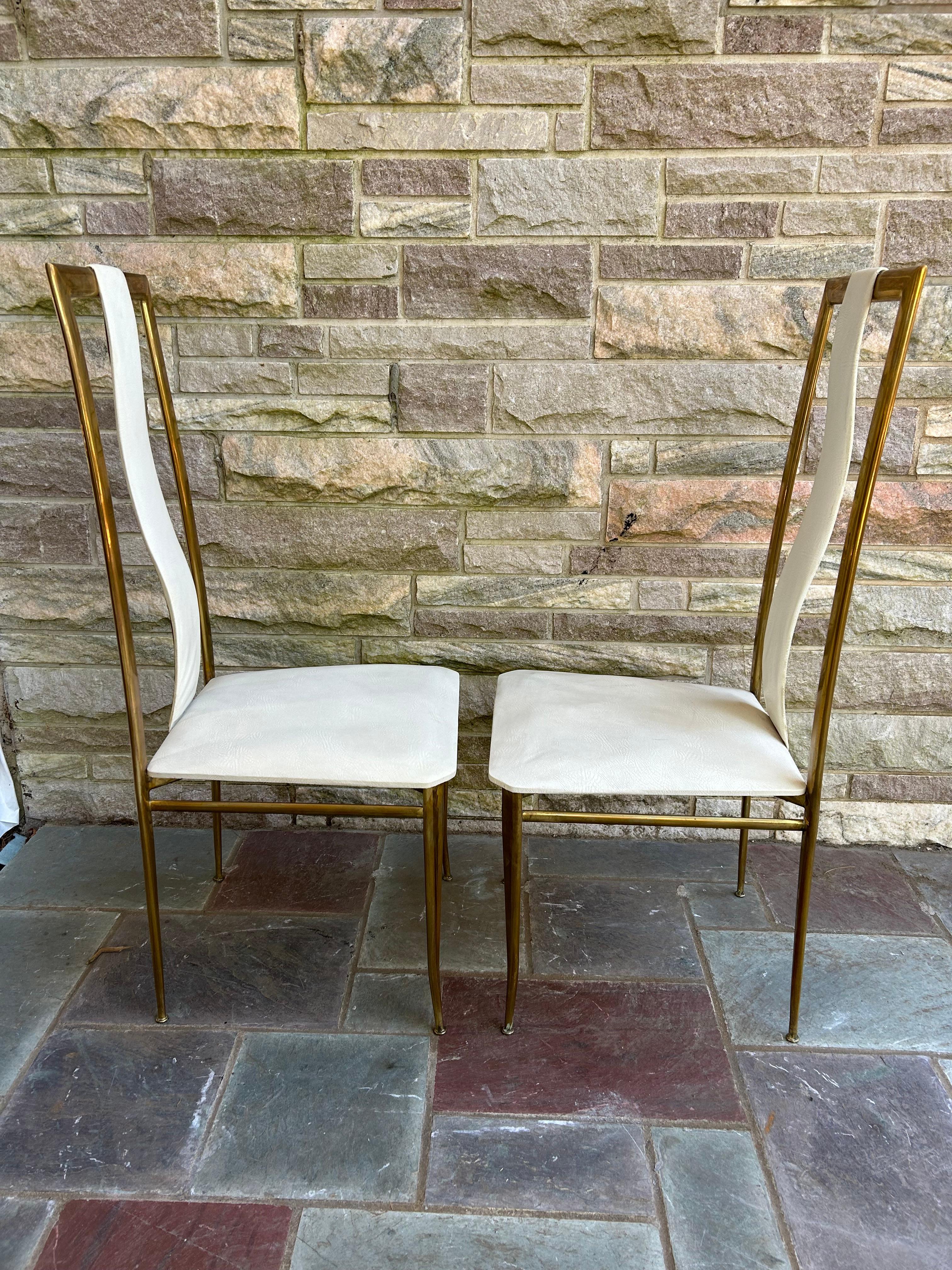 Mid-Century Modern Sexy Pair Italian Gio Ponti style Tall Back Brass Side Dining Chair Mid-Century For Sale