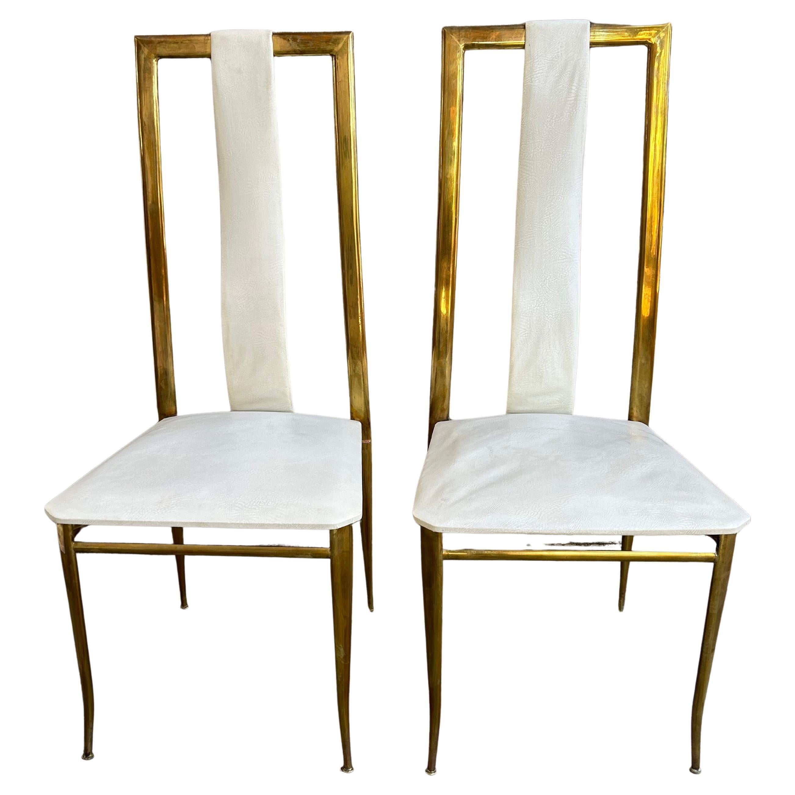 Sexy Pair Italian Gio Ponti style Tall Back Brass Side Dining Chair Mid-Century