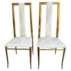 Sexy Pair Italian Gio Ponti style Tall Back Brass Side Dining Chair Mid-Century