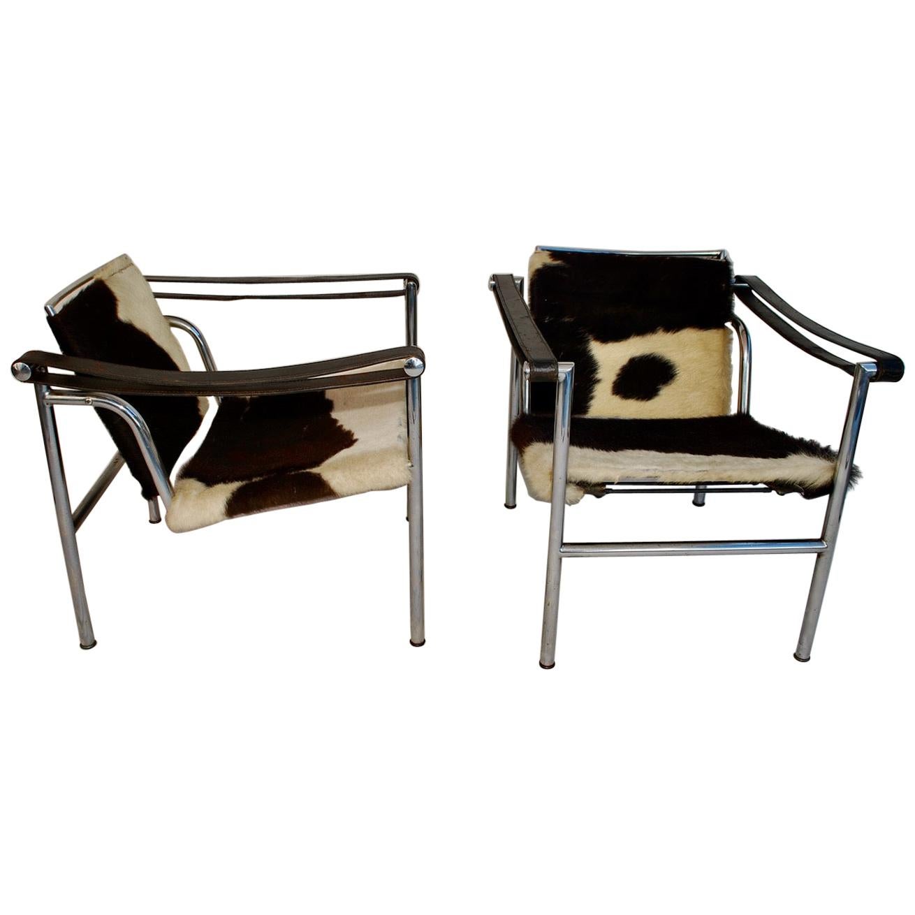 Sexy Pair of 1960s LC1 Cow Skin Chairs by Le Corbusier