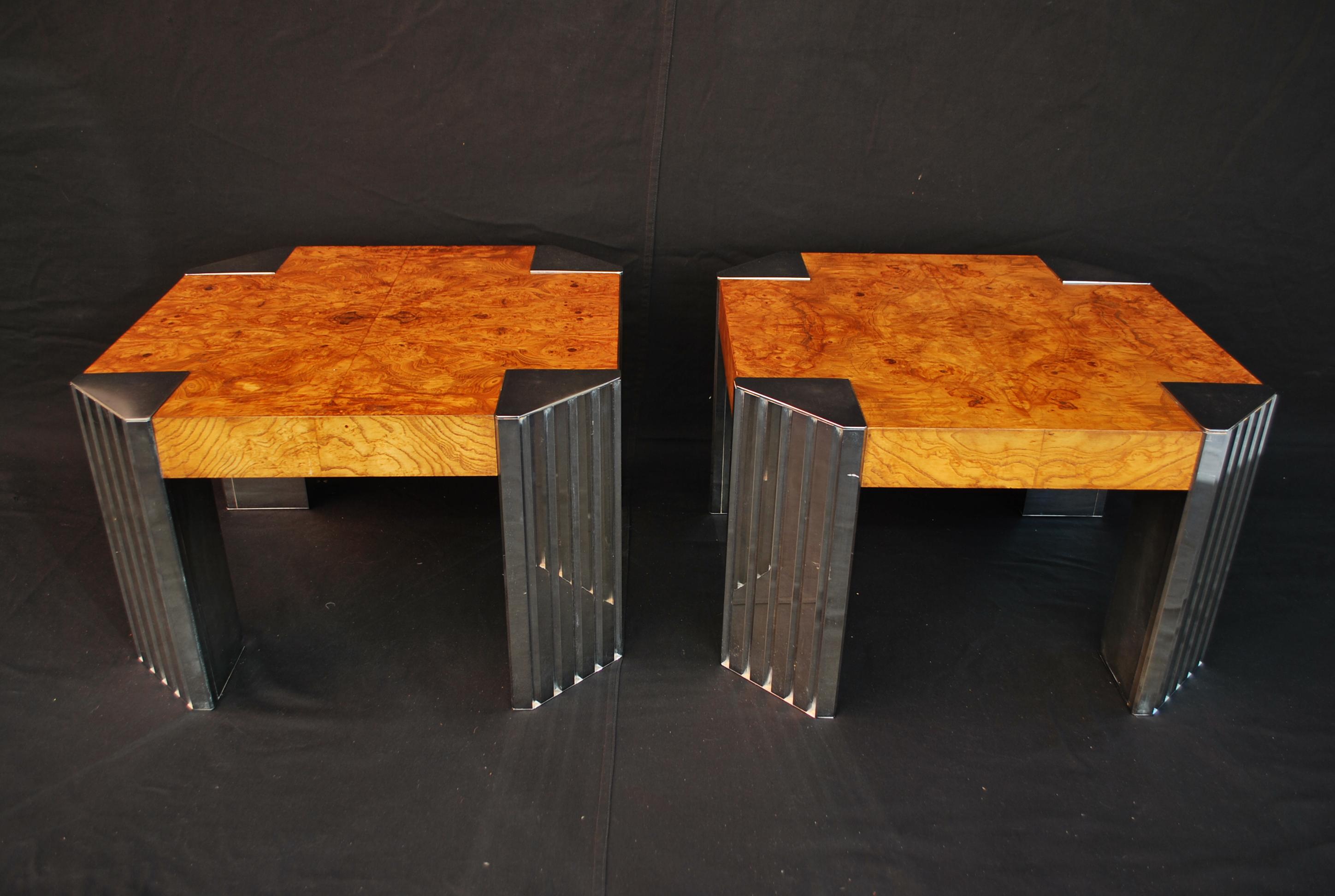 Sexy pair of skysside tables in the style of MIlo Baughman with burl walnut wood For Sale 4